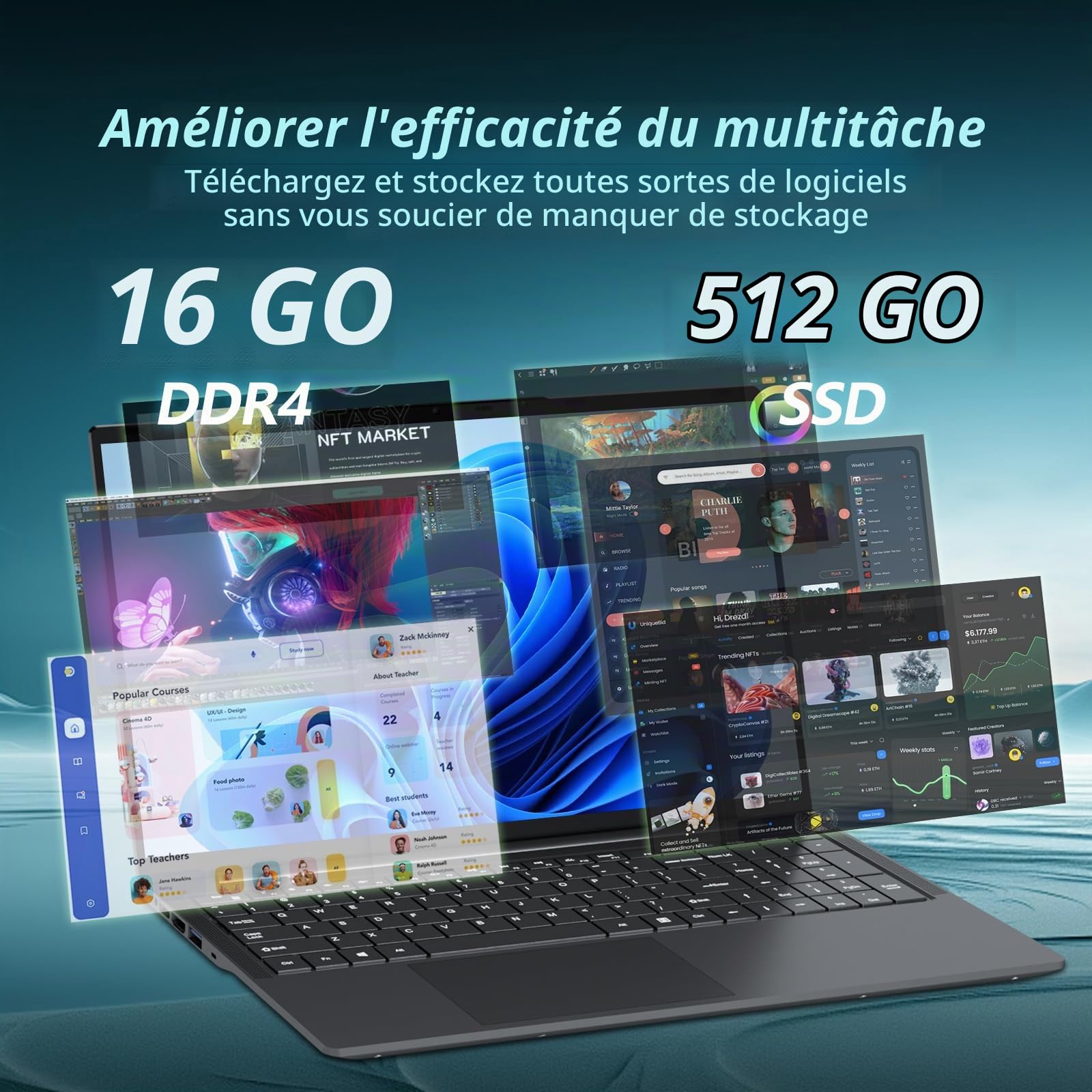 17,3 Pouces Ordinateur Portable, Win 11 PC Portable 16Go RAM DDR4 512Go SSD, CPU Twin Lake-N150, Clavier Rétro-éclairé Laptop 1980 * 1080P Écran, Mini-HDMI+USB3.0+BT4.2+Webcam+6000mAh Battery