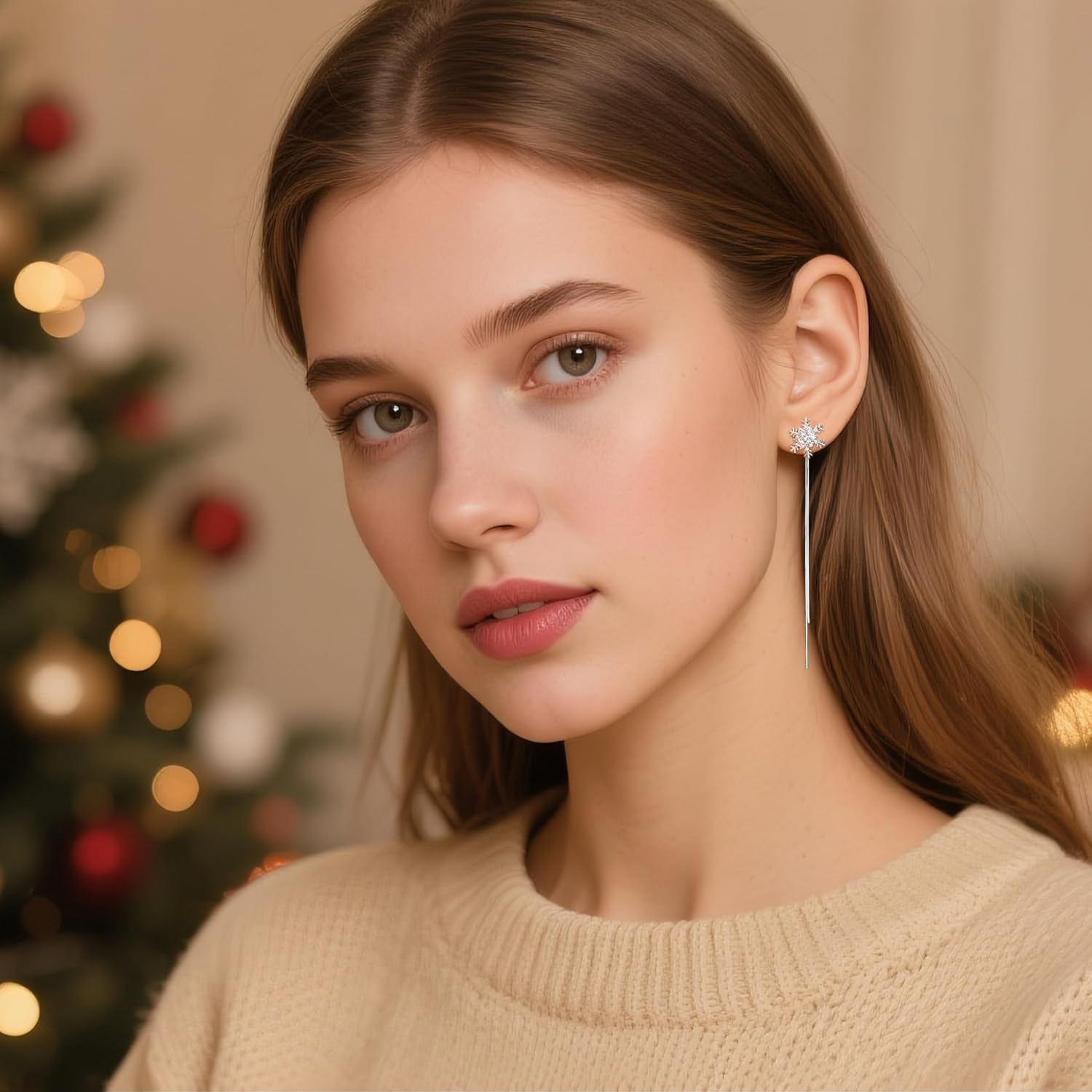 SLUYNZ Solid 925 Sterling Silver Snowflake Earrings Dangle for Women Teens CZ Snowflake Dangle Earrings Chain Christmas Gifts