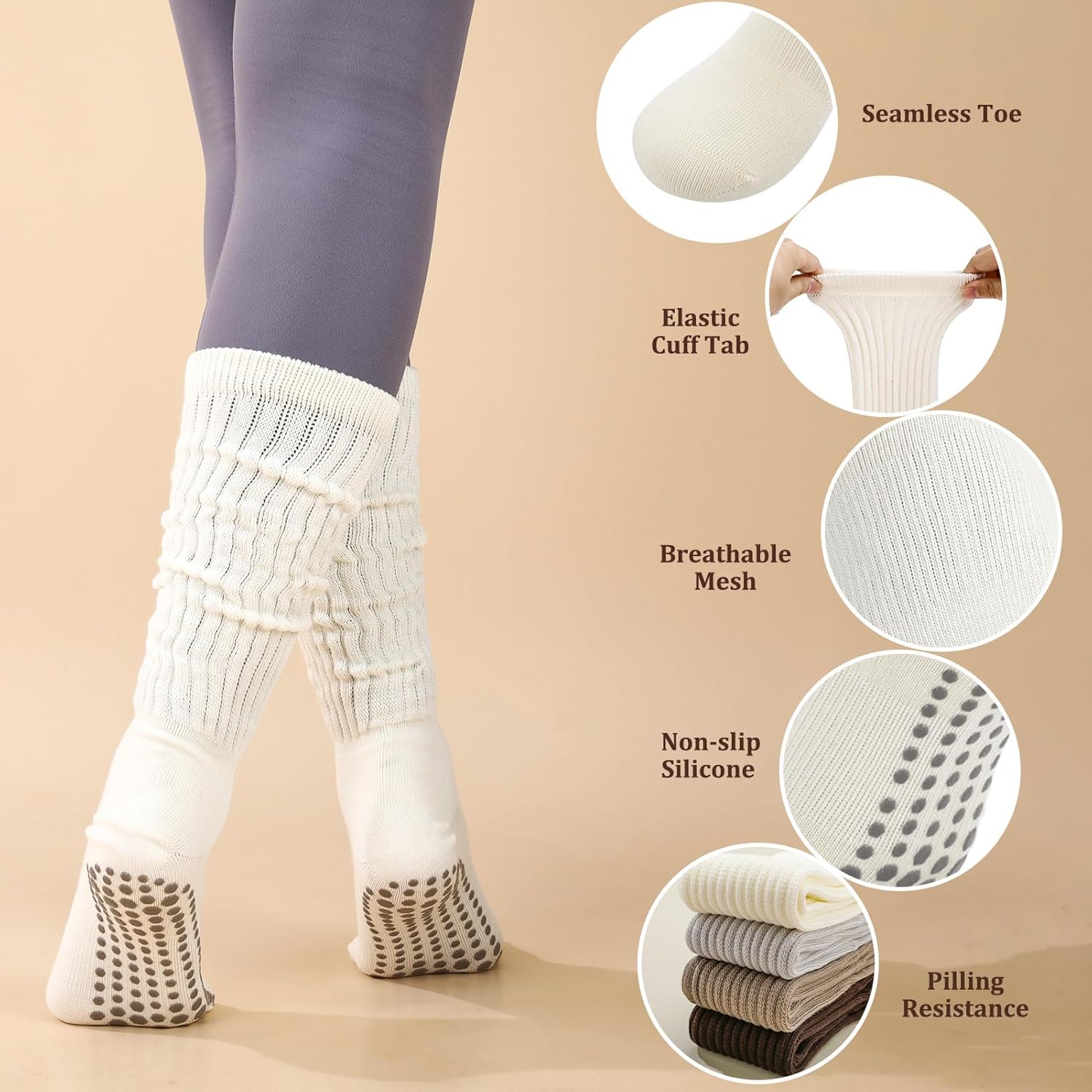 Jspupifip 4 Pairs Pilates Socks with Grips for Women, Long Slouch Non Slip Yoga Scrunch Socks for Barre Hospital Workout - Image 4