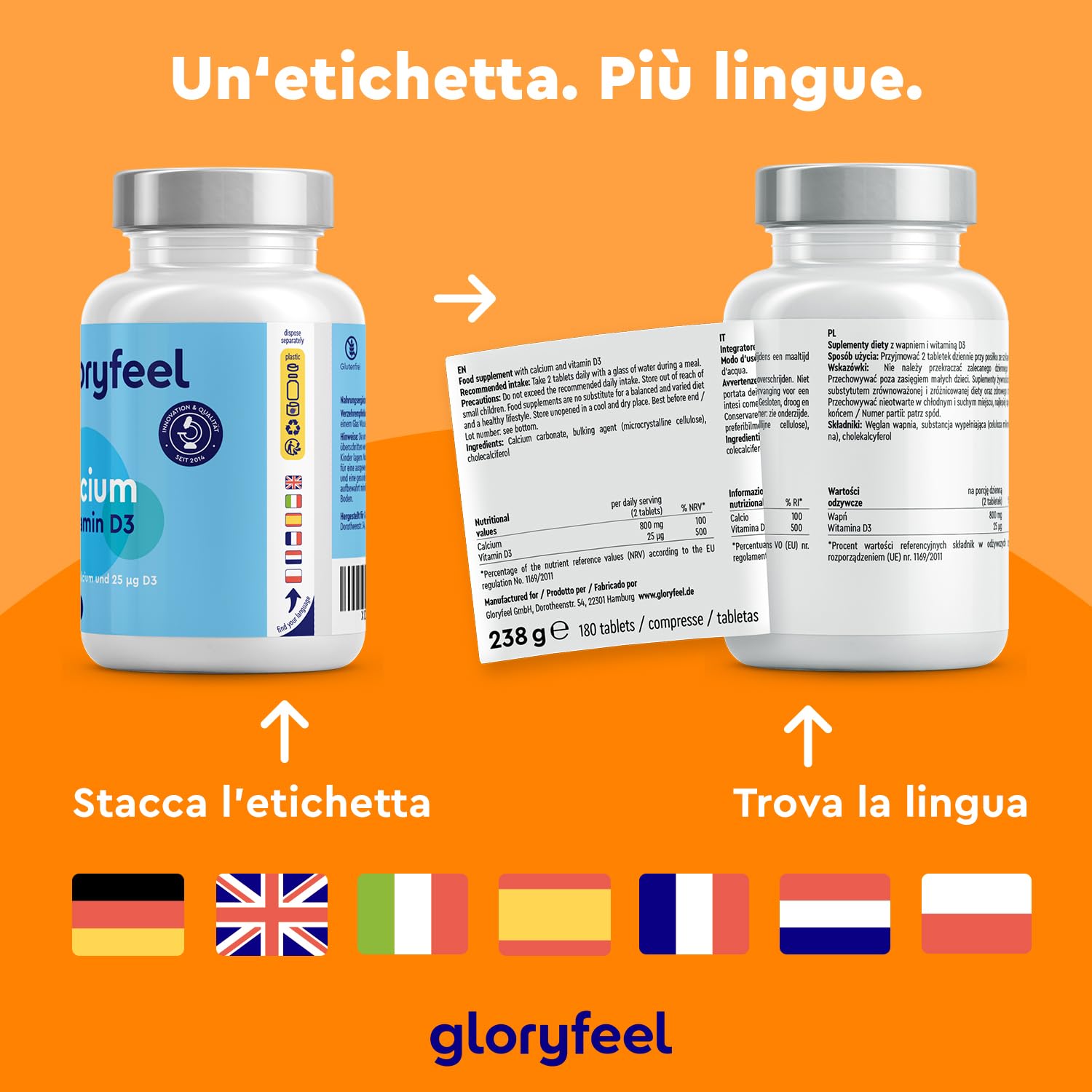 Integratore Calcio e Vitamina D3, 180 Compresse, Eletto PRODOTTO DELL'ANNO 2025, (Scorta per 3 Mesi), Calcio 800 mg e Vitamina D3 25µg, Integratore per il Supporto delle Ossa*, Senza OGM