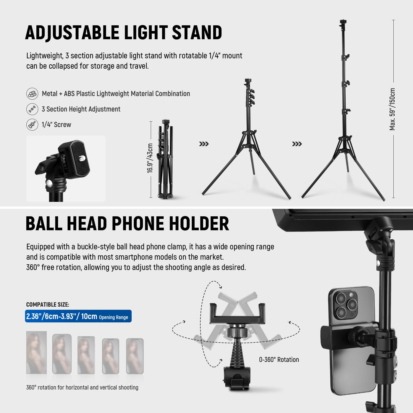NEEWER Basics BP300 panel świetlny LED, ze statywem i uchwytem na telefon, 2700 6500 K, 850 Lux Bi Color przyciemniane oświetlenie studyjne do fotografii, filmów, nagrywania na żywo, 2 sztuki