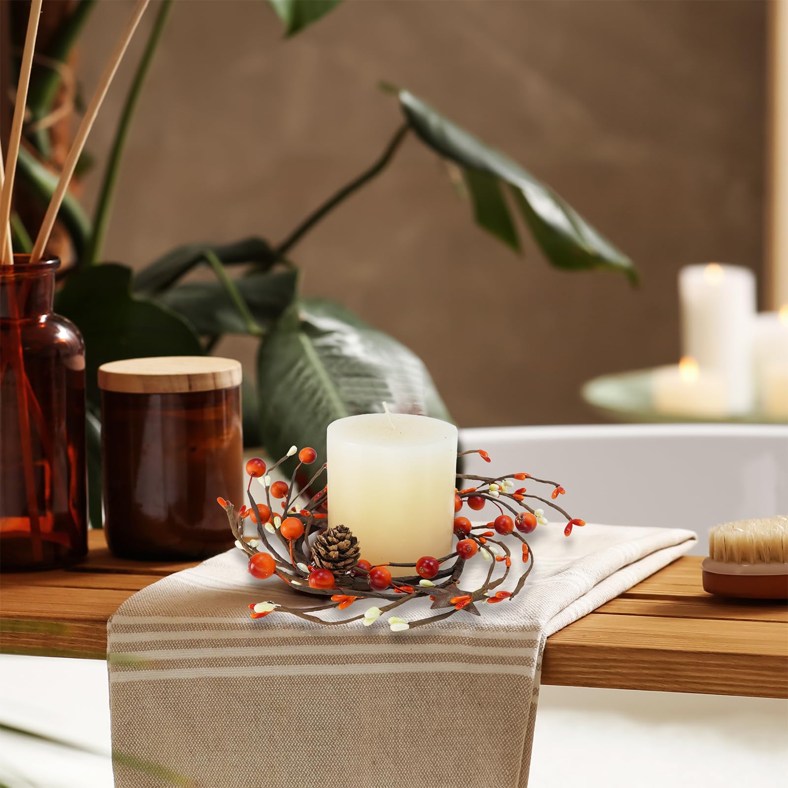 Autumn Candle Rings, Table Candle Wreath Decor With Maple Leaves