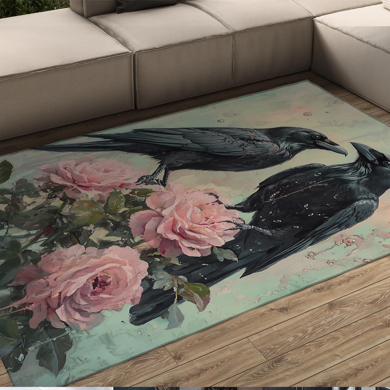 Tapis de sol antidérapant 150 x 240 cm moquette poil bas corbeaux et roses
