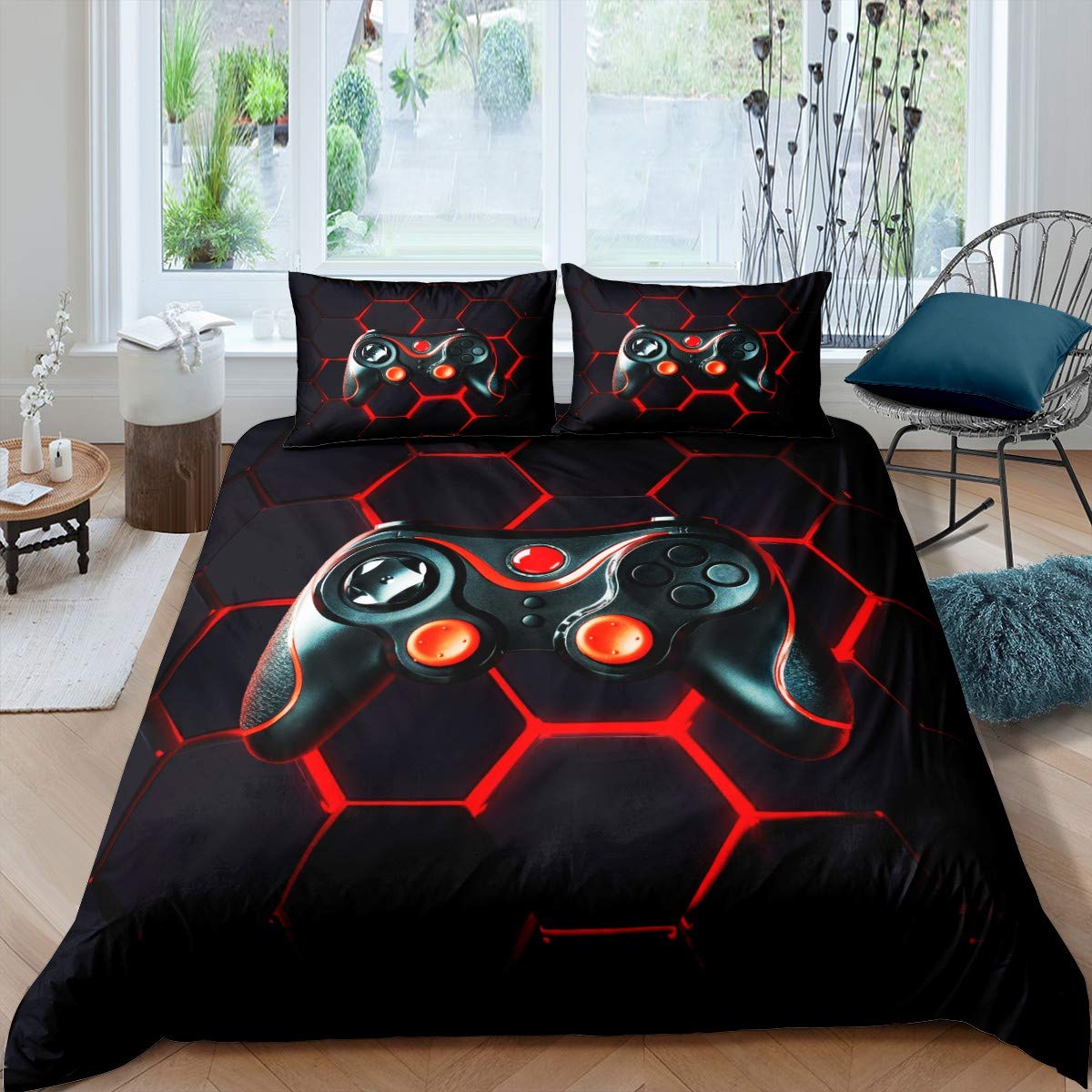 Homemissing Gamer Duvet Cover Set Boys Teens Video Game Gaming Bedding Set Geometric Honeycomb Hexagon Comforter Cover Console Game Controller Quilt Cover Room Decor 2Pcs Single Size,Black,Red