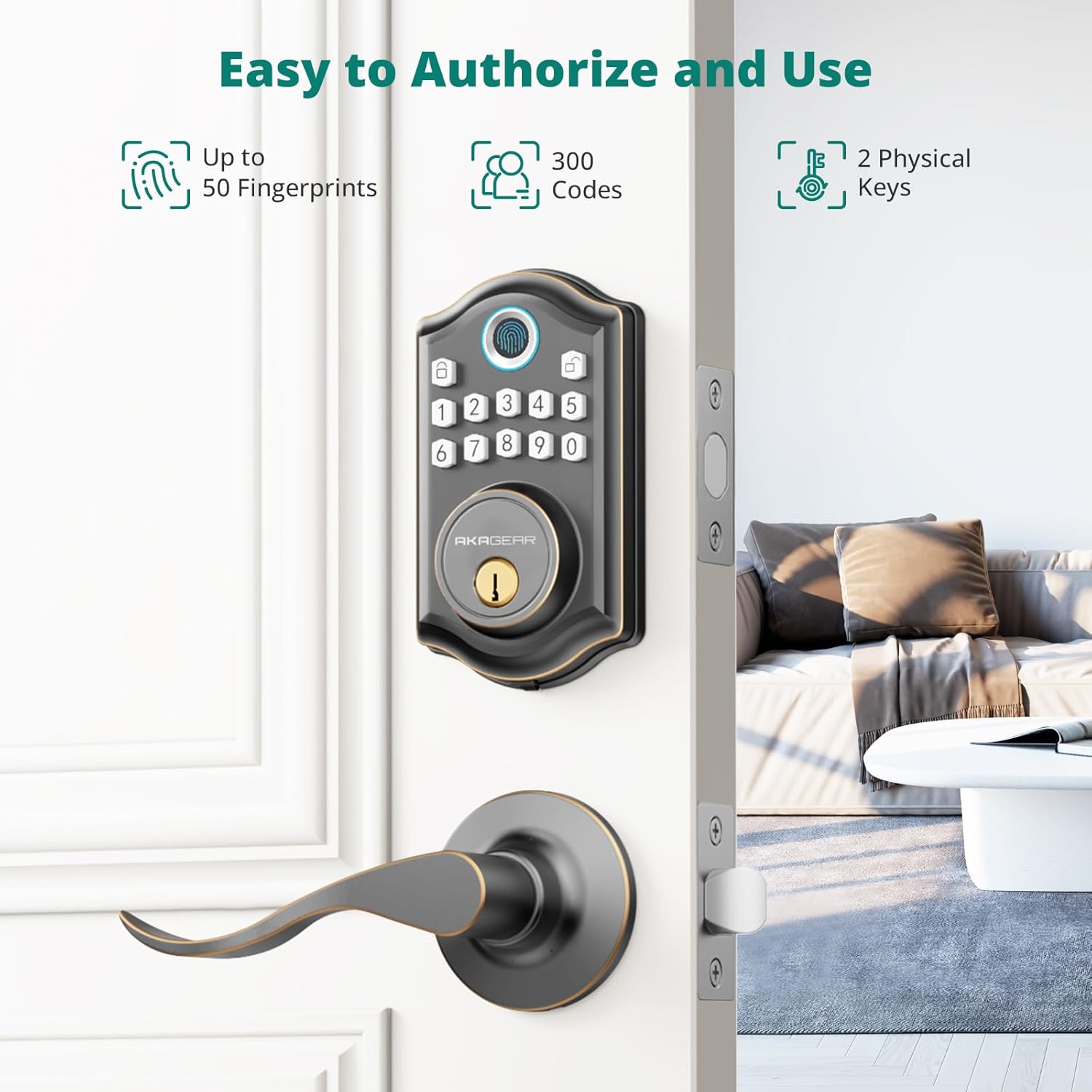 AkaGear DS10 Keyless Entry Door Lock with 2 Lever Handle, Fingerprint, Keypad Code, 2 Keys, Smart Locks for Front Door, Bedroom, One-time Code, Auto-Lock, Easy Installation - Oil Rubbed Bronze