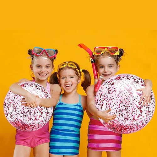 Miniatura 13 de TURNMEON 5 bolas de playa con purpurina, lentejuelas gigantes de 24 pulgadas y 16 pulgadas, bolas de playa inflables rosas para niños y adultos