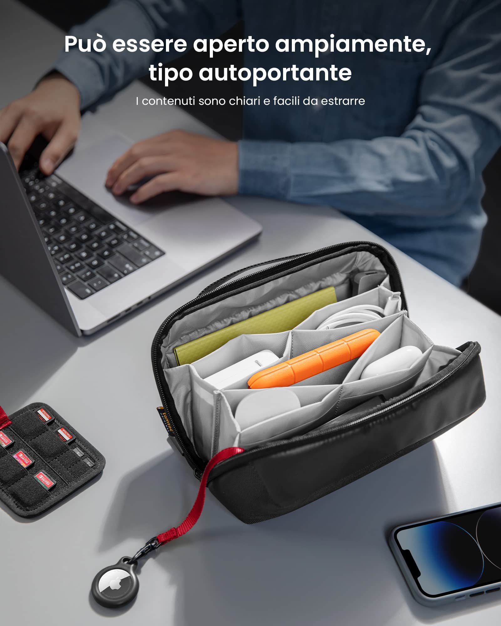 tomtoc Custodia per Cavi e Accessori Tecnici, Viaggio, Borsa Organizer per Accessori Tecnici Elettroniciadattatore MacBook, Cavo, Hub, Power bank, Chiavetta USB, Caricabatterie, Disco Rigido, Regali