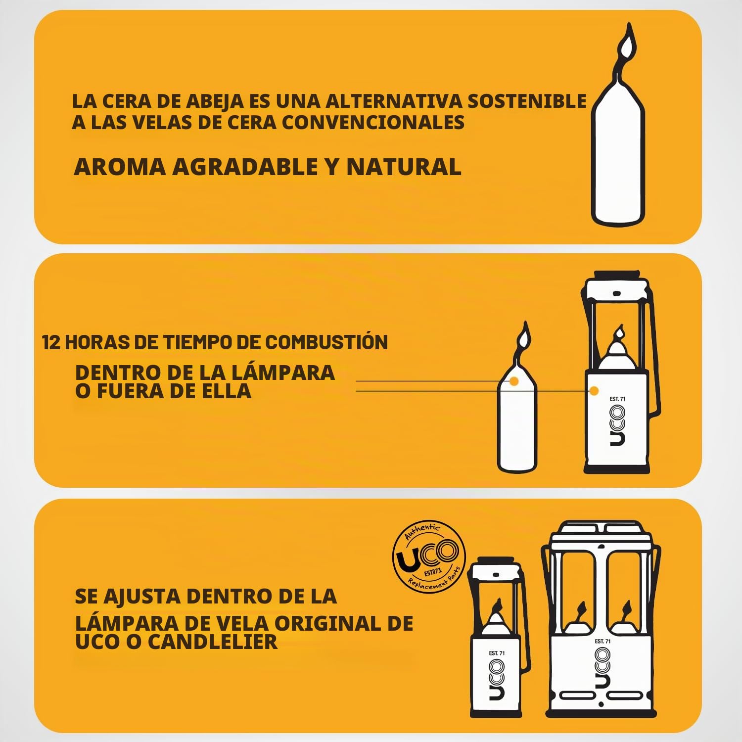 UCO - Cera de abeja natural de 12 horas, velas de emergencia de larga combustión para farol, paquete de 5