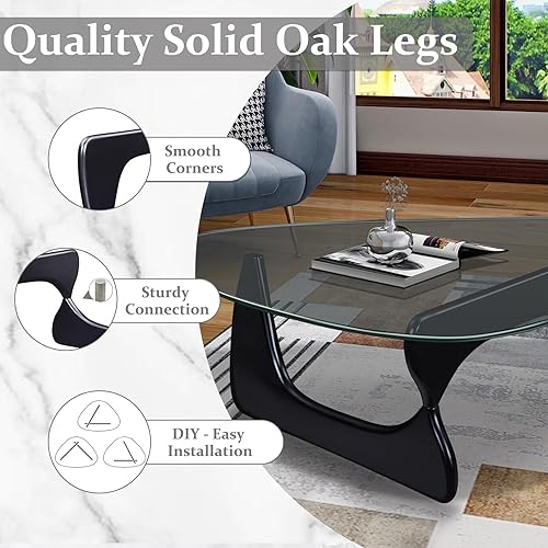 Miniatura 25 de Pequeña mesa auxiliar ovalada de cristal, mesa moderna triangular para sala de estar, centro negro, base de madera maciza y parte superior