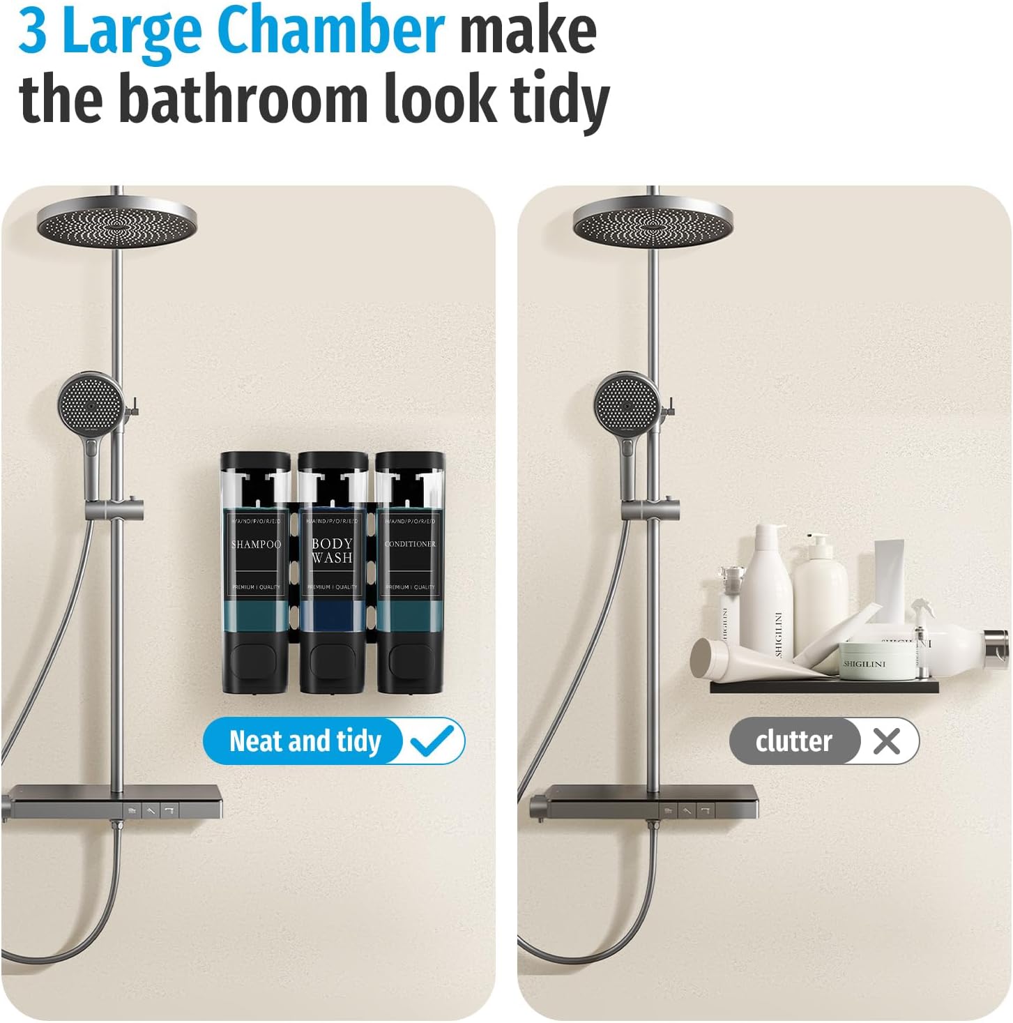 Shower Soap Dispenser No Drill, 3 Chamber Wall Mounted Shampoo and Conditioner Dispenser for Bathroom Hotel Large Capacity - Image 5