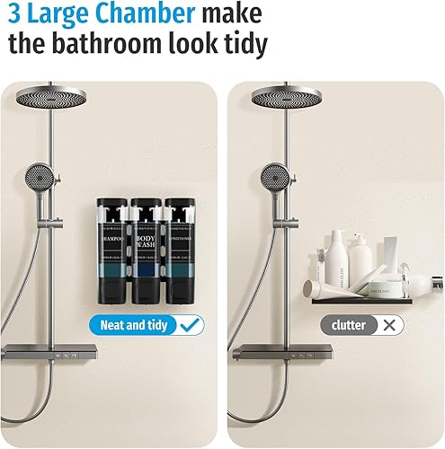 Miniatura 5 de Dispensador de jabón de ducha sin taladro, dispensador de champú y acondicionador montado en la pared de 3 cámaras para baño, hotel, gran capacidad