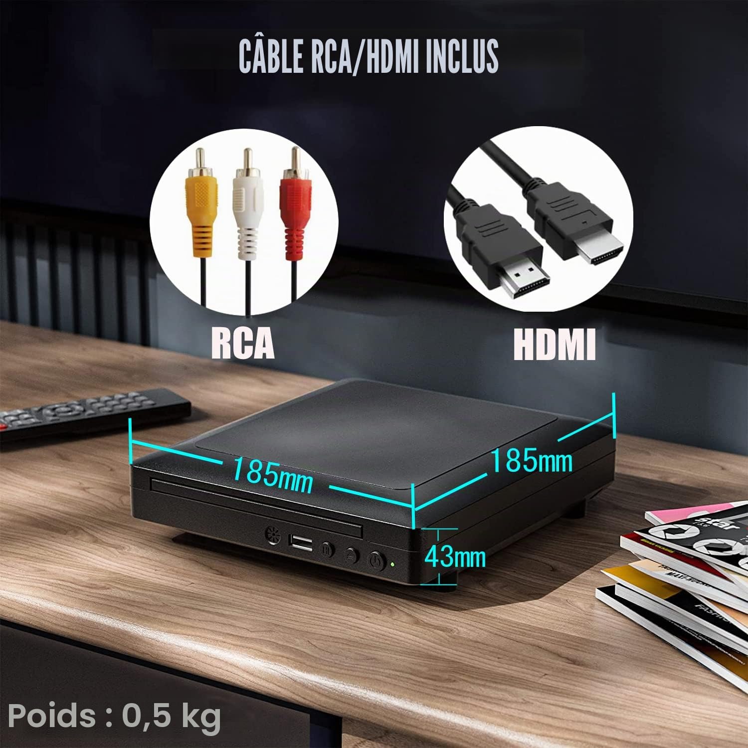 Ceihoit – Mini Lecteur DVD, Lecteur CD/Disque DVD pour TV avec Sortie HDMI/AV, câbles HDMI/AV Inclus, HD 1080P Pris en Charge avec système PAL/NTSC intégré