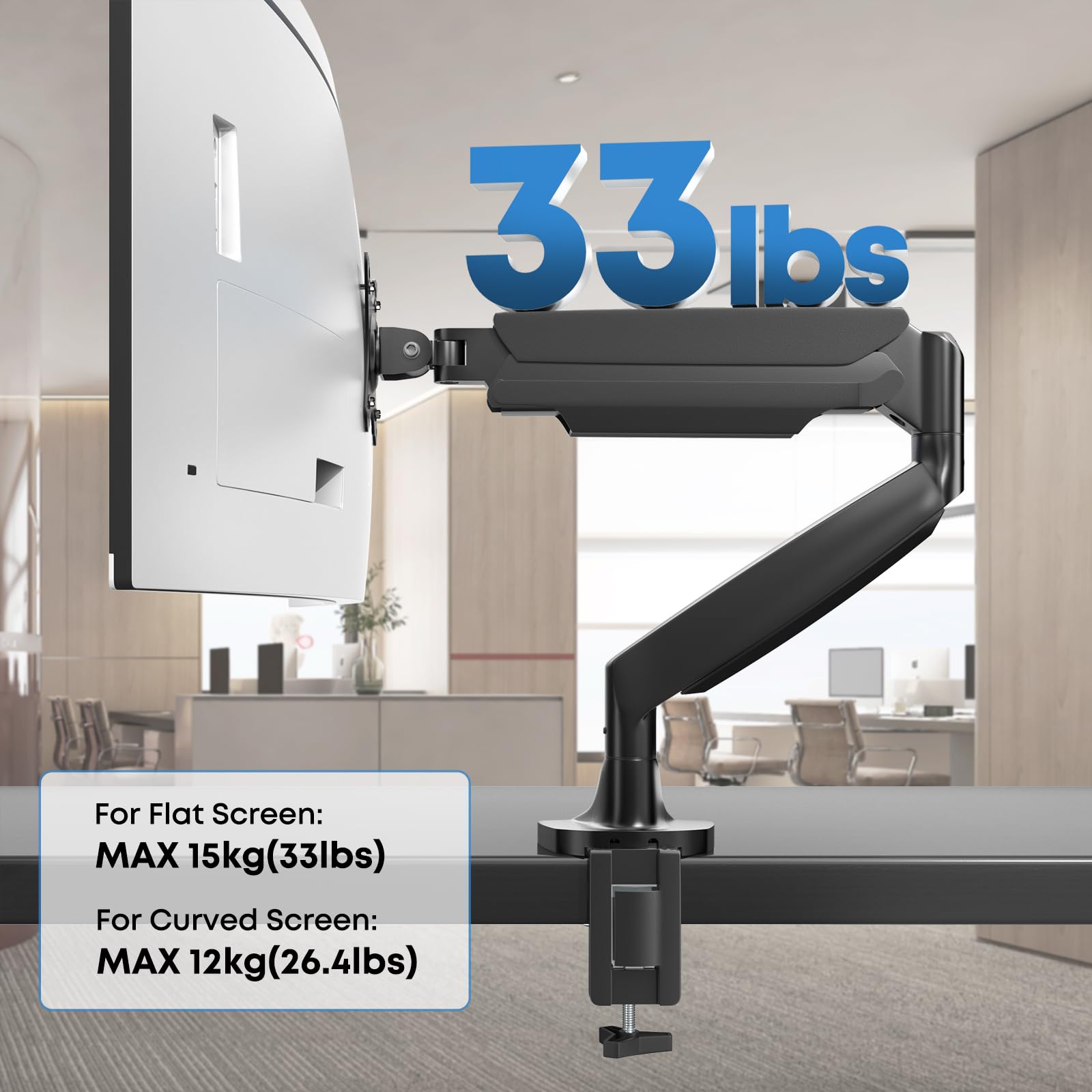 Braccio per monitor pesanti per monitor ultra larghi fino a 45 pollici e 15kg, supporto da scrivania singolo completamente regolabile con morsetto a C e gommino da scrivania, VESA massimo 100x100,nero