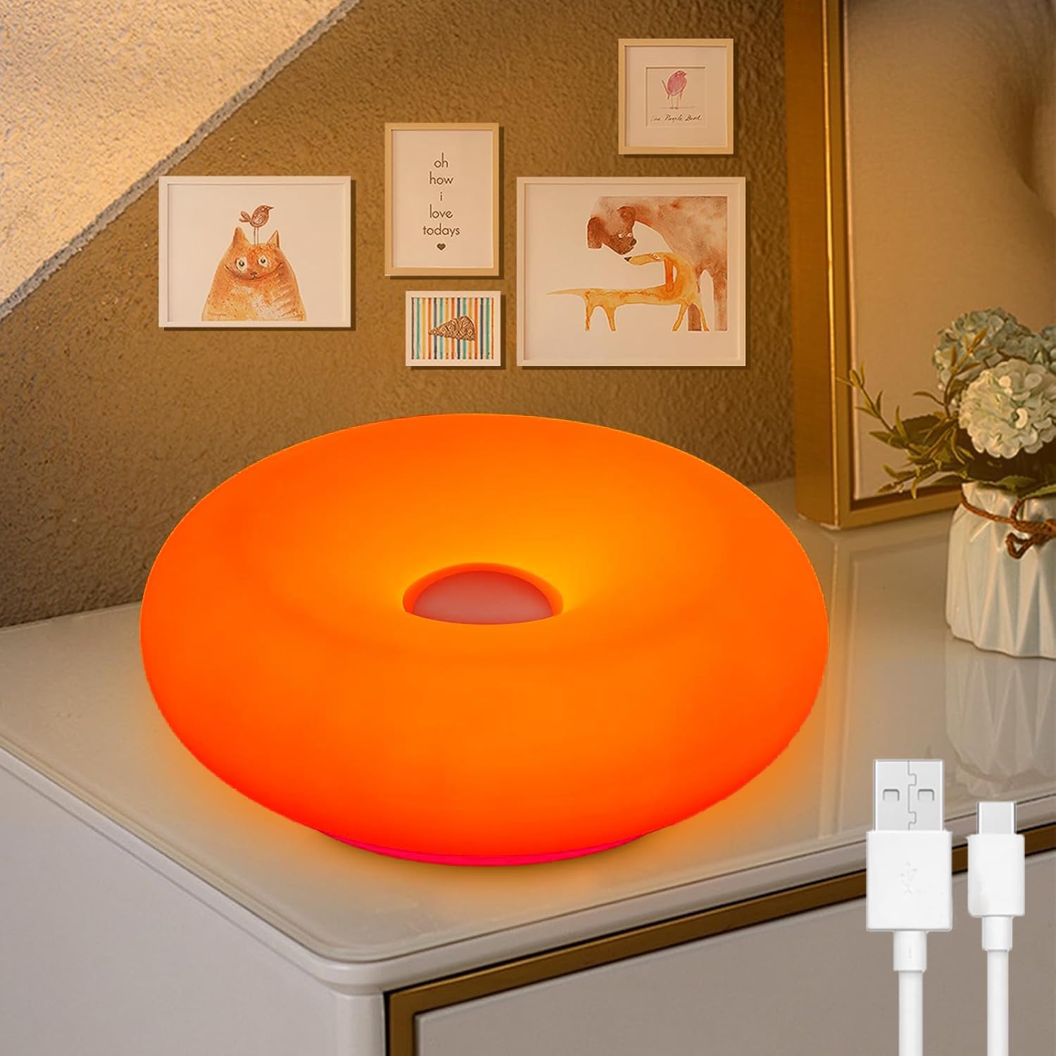 OOWOKS Lampada a ciambella, lampada da tavolo a LED arancione a forma di ciambella, senza fili, ricaricabile, dimmerabile al tocco, 3 temperature di colore, lampada da comodino retrò, luci notturne