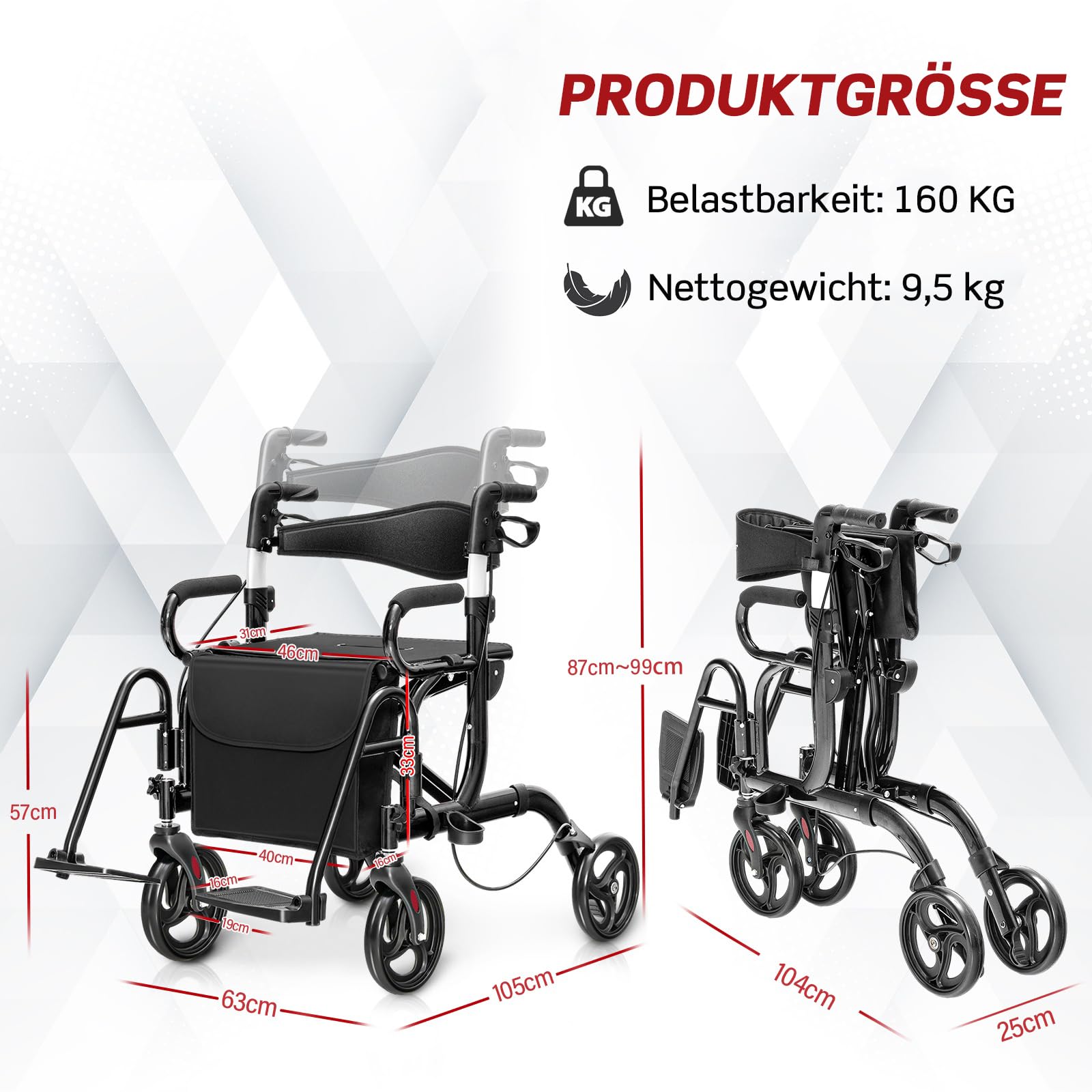 RELAX4LIFE 2-in-1 Rollstuhl Rollator Faltbar und Leicht mit Sitz, Rollatoren 6-fach höhenverstellbar, Leichtgewicht Reiserollator Aluminium, Gehhilfe mit Gummireifen, Tasche, Stockhalter (Schwarz)
