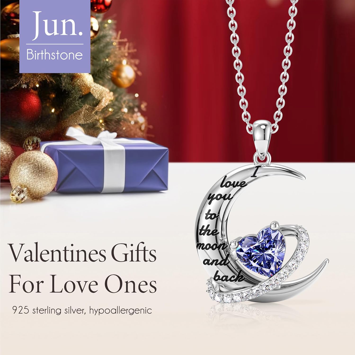 Distance Valentine's Day Gift I Love You to The Moon and Back Necklace for Women, S925 Sterling Silver Forever Love Heart Birthstone Necklace, Anniversary Birthday Jewelry Gifts for Her Wife Lover - Image 2