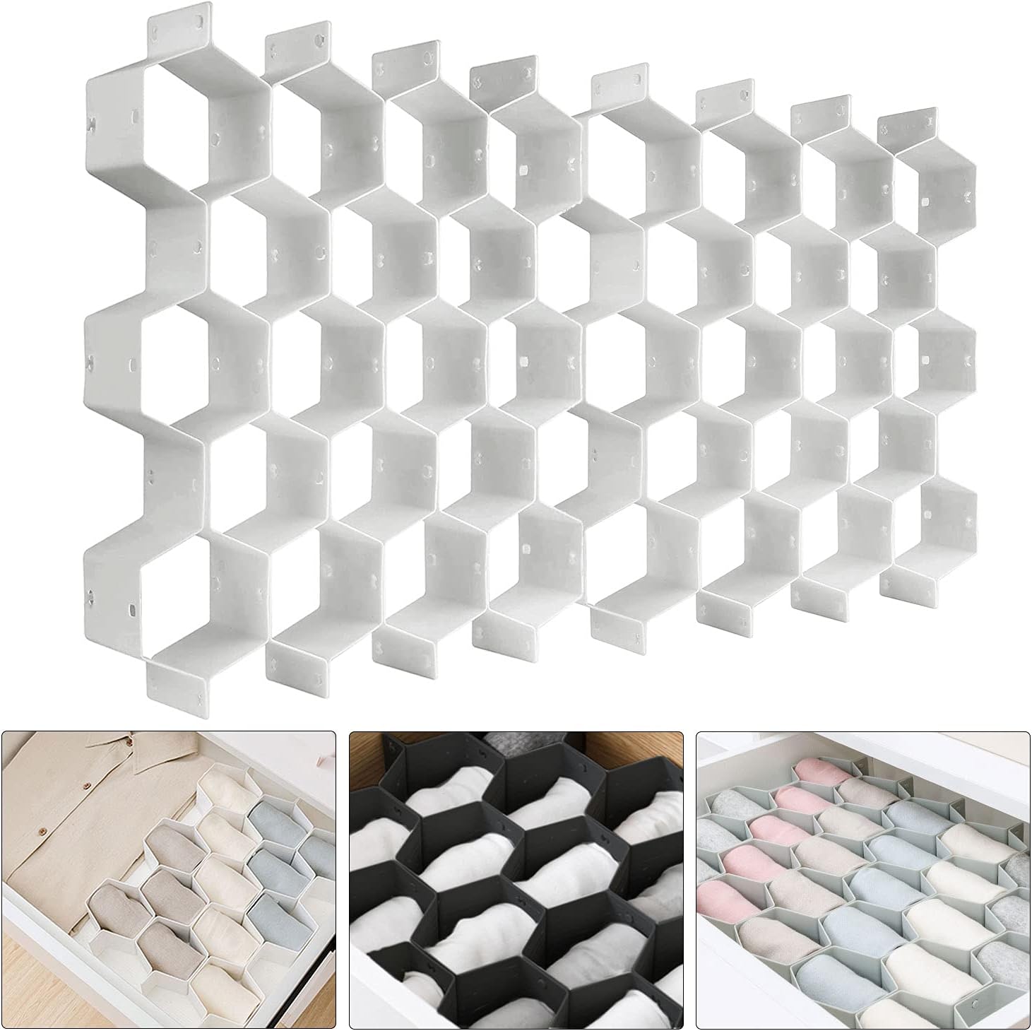 RASDDER Drawer Divider Organizer, 16Pcs Adjustable Honeycomb Drawer Organizers for Socks, Underwear, Makeup, Kitchen, Bedroom, Dresser (Gray)