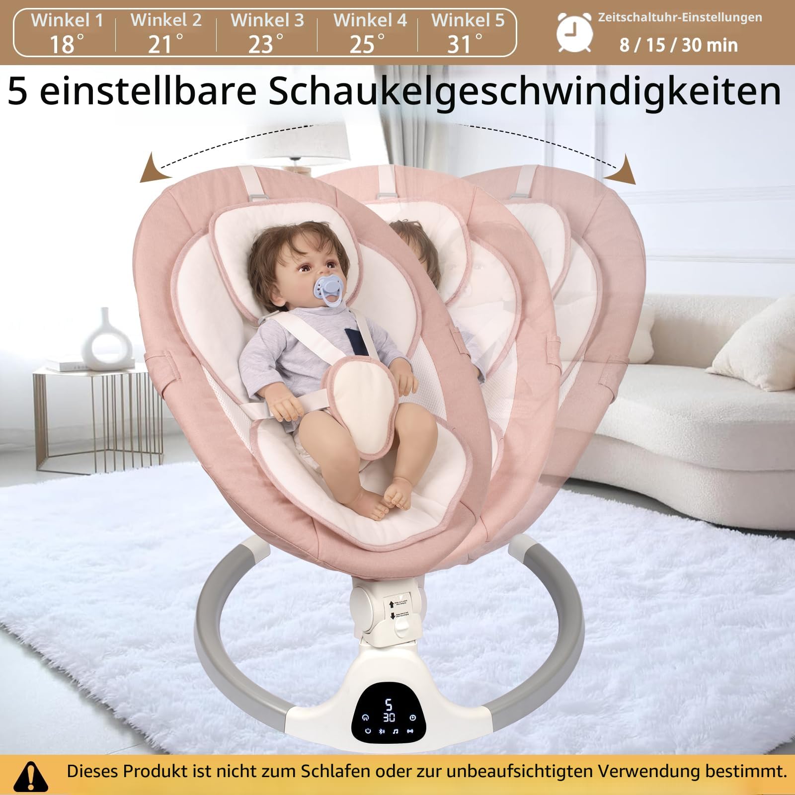 Elektrische Babywippe für Säuglinge bis 9 kg, klappbar, mit Fernbedienung & Bluetooth, Timer-Funktion, 5 Schaukelgeschwindigkeiten, 3 Sitzpositionen
