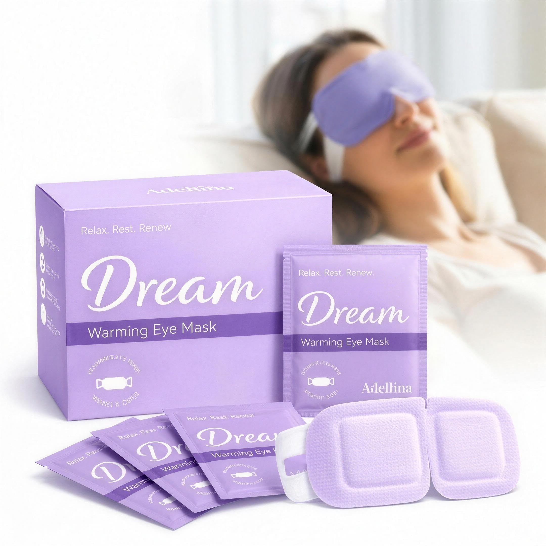 Adellina Lot de 30 masques à vapeur pour les yeux - Auto-chauffant - Compresse chaud - Pour les yeux secs - Lavande - Pour le sommeil, la relaxation, les yeux gonflés et les voyages