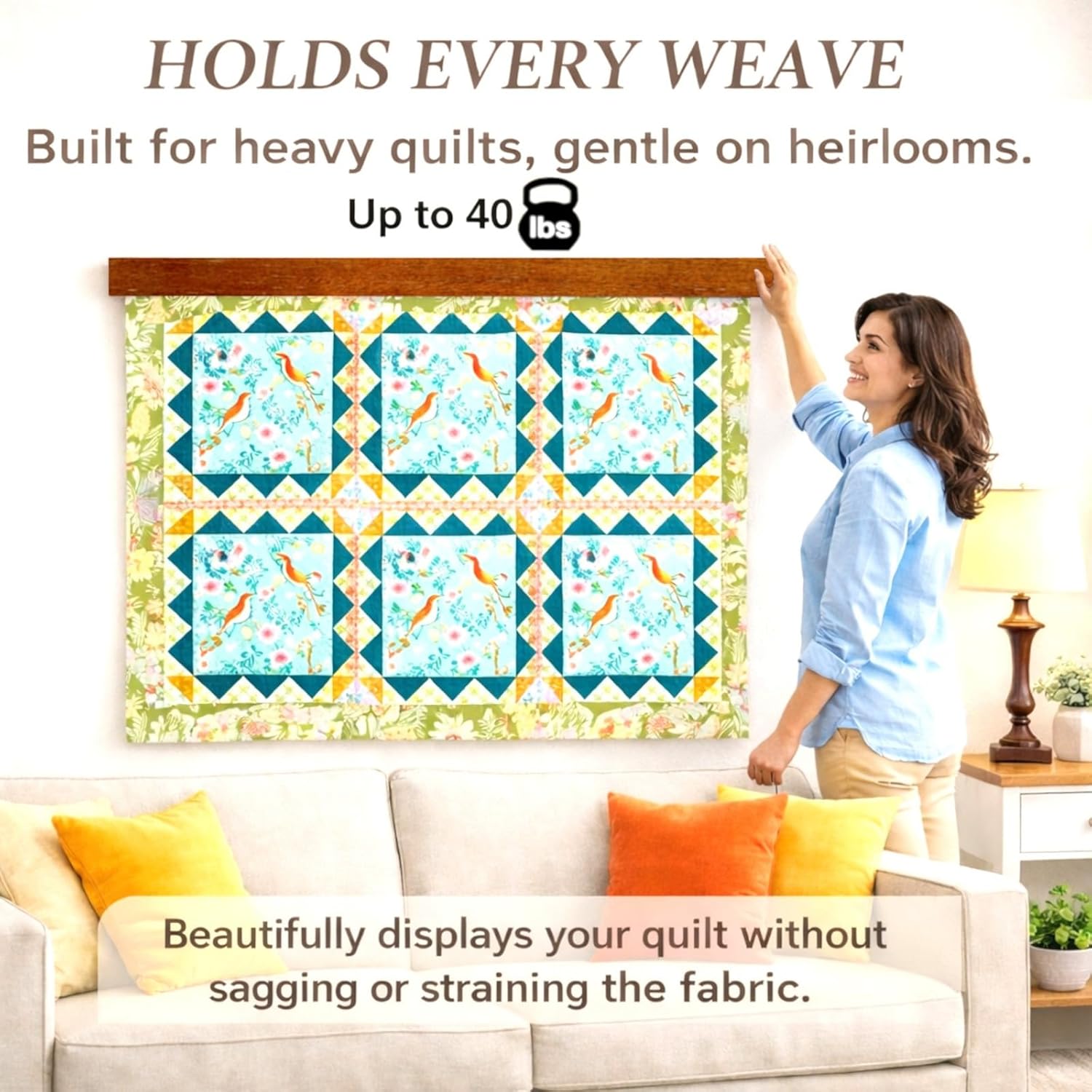 Dacri Home Quilt Hanger for Wall Display - 48 Inch Tapestry Hanger from Premium Teak Wood - Safe Mount Quilt Rack for Heavy Rugs, Tapestries, and Other Wall Hangings (Light Wallnut Stain)
