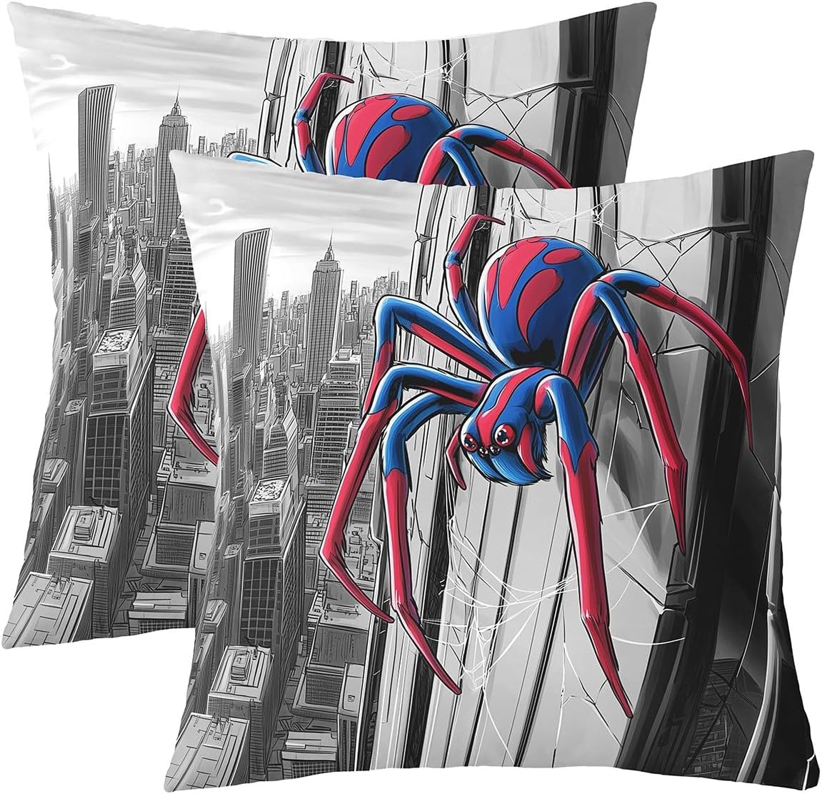 Homewish Red Blue Spider Kids Throw Pillow Covers Pack of 2,Grey City Building Pillow Cases for Boys Teens Men,Cartoon Animals Modern Cool Bed Sofa Chair Living Room Decor Cushion Covers,16" Lx16 W