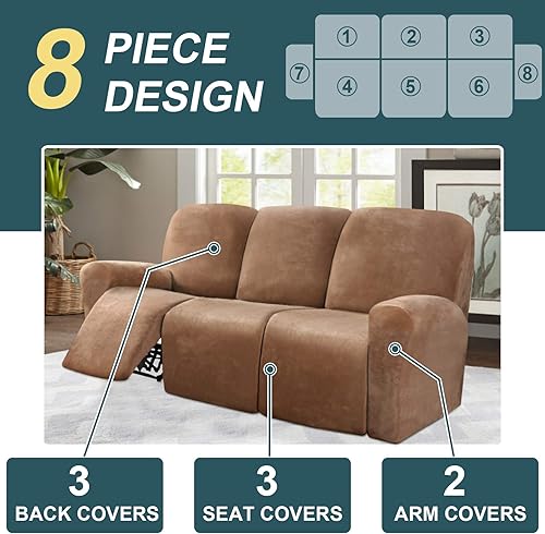 Miniatura 2 de Funda de terciopelo de 8 piezas para sofá reclinable de 3 asientos, fundas para sofás reclinables, fundas protectoras de muebles, lavable a máquina