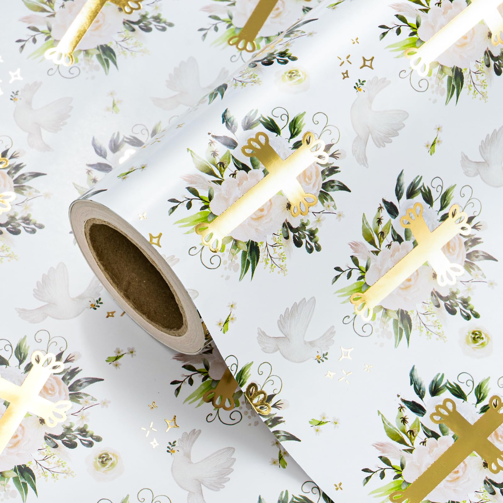 WRAPAHOLIC Cross Wrapping Paper Roll - 17 Inch x 16.5 Feet - Elegant Gold Foil Cross and White Dove Floral Wrapping Paper, Perfect for Easter, Baptism, Confirmation, First Communion, Spring