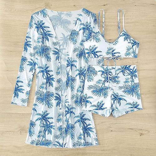 Miniatura 9 de Yknktstc Conjunto de bikini de 3 piezas para mujer, traje de baño tropical para playa, kimono, traje de baño con pantalones cortos para niño