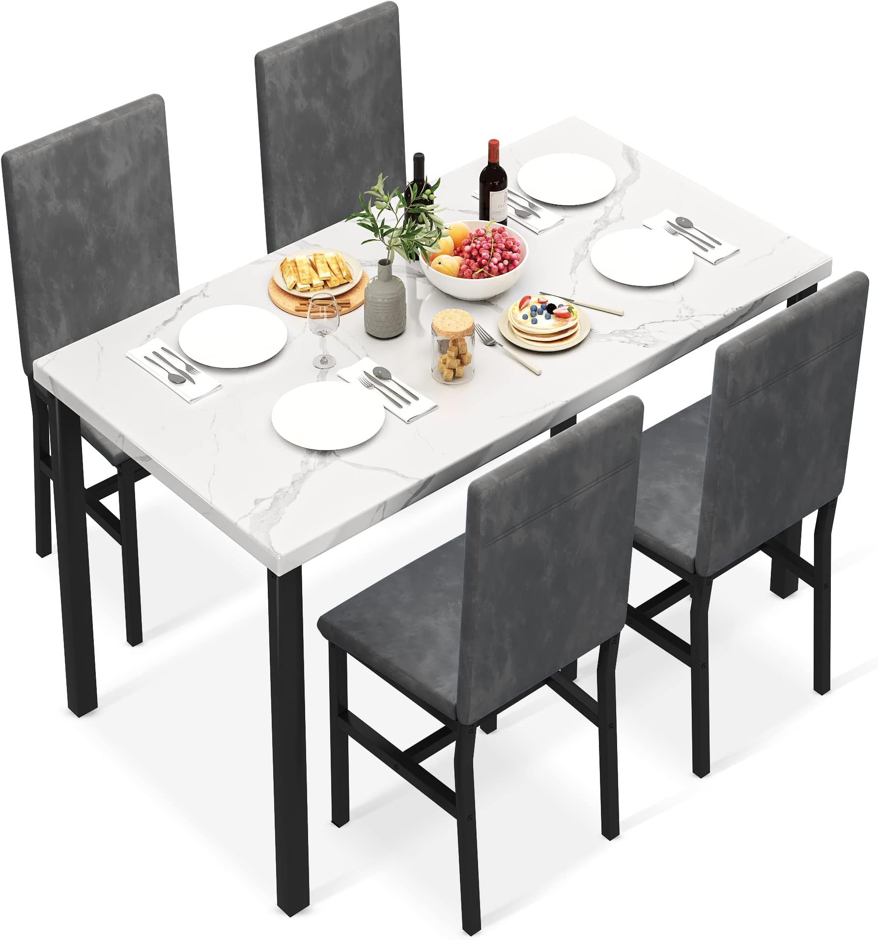 tantohom Dining Table Set for 4, Modern Kitchen Table and Chairs for 4, Home Furniture Dining Room Table Set with Faux Marble Countertop and PU Leather Chairs for Small Space, Apartment, Dinette, Gray