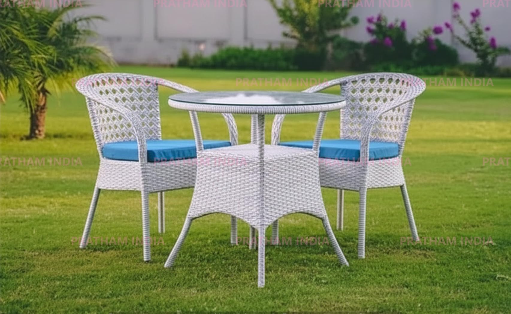 Outdoor Indoor Patio Set Bistro Set Wicker Chair Patio Set for Living Room Dining Room Lawn Balcony Outdoor Garden Chair Set with Glass Table (White with Blue 2+1)-image-12
