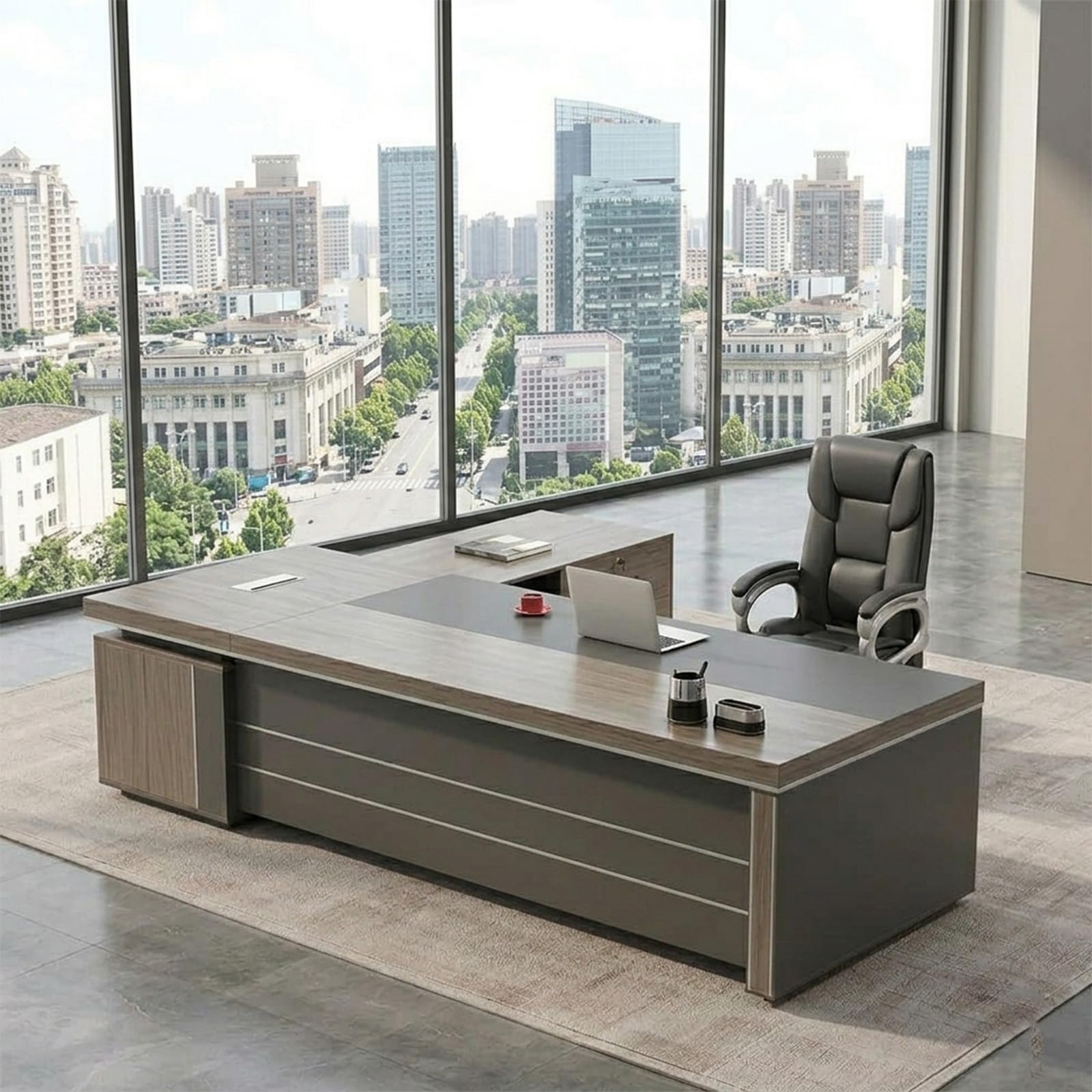 L-Shaped Executive Desk with Open Storage Shelves, Locking Drawer & Cable Management - Modern Office Desk for Home, Commercial Use & Professionals (