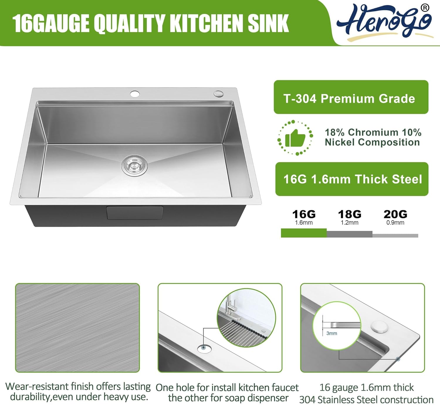 Herogo 33x22Inch Single Bowl Drop In Kitchen Sink, 18/10 16 Gauge Stainless Steel Topmount Handmade 10'' Deep Workstaion Sink with Accessories