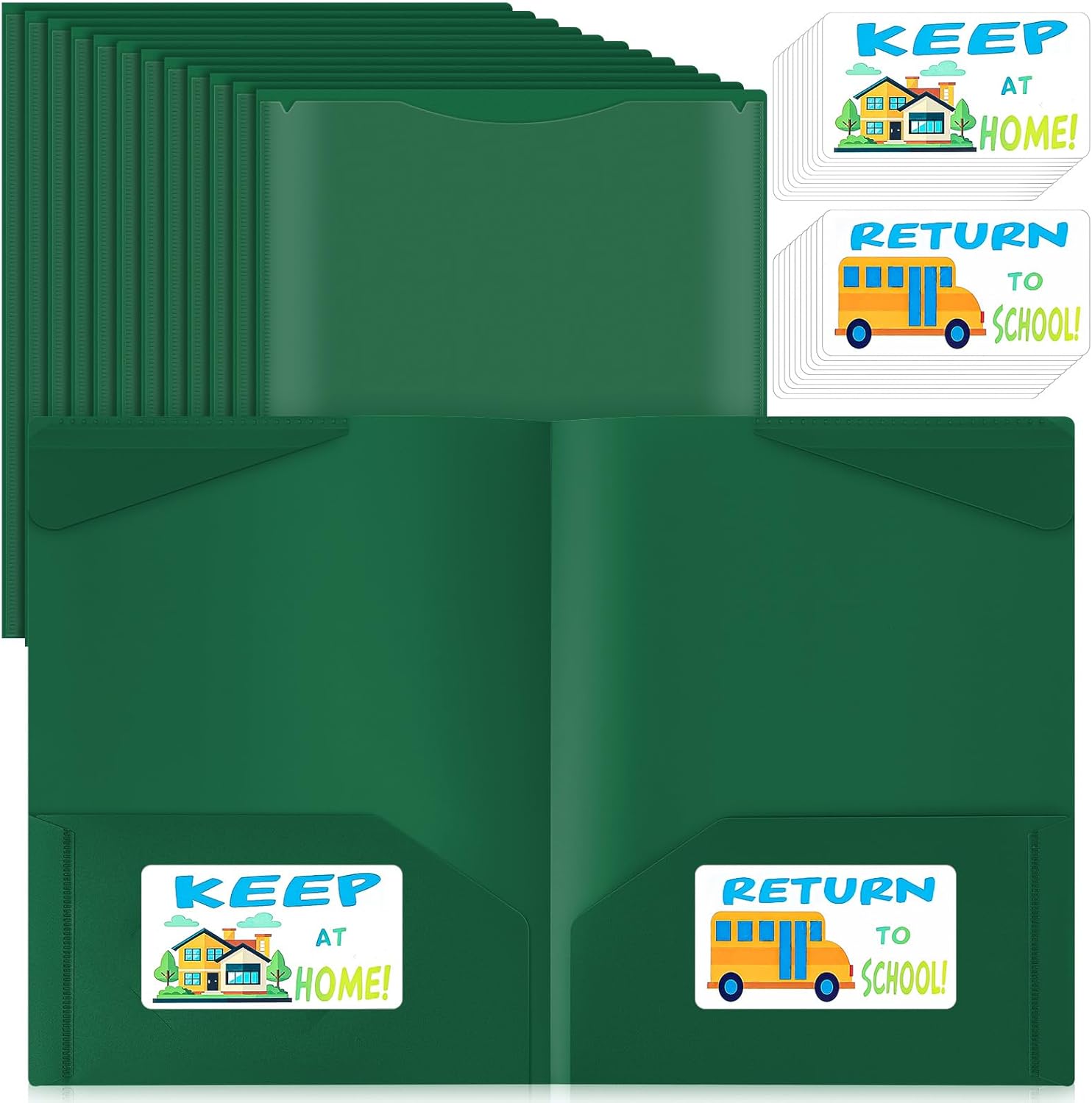 Henoyso 48 Pack 2 Pocket Parent-Teacher Communication Folders with School Bus Folder Labels, Stay-Put Tabs, Clear Front Pocket Plastic Folder for School Classroom Teacher Supplies(Dark Green)