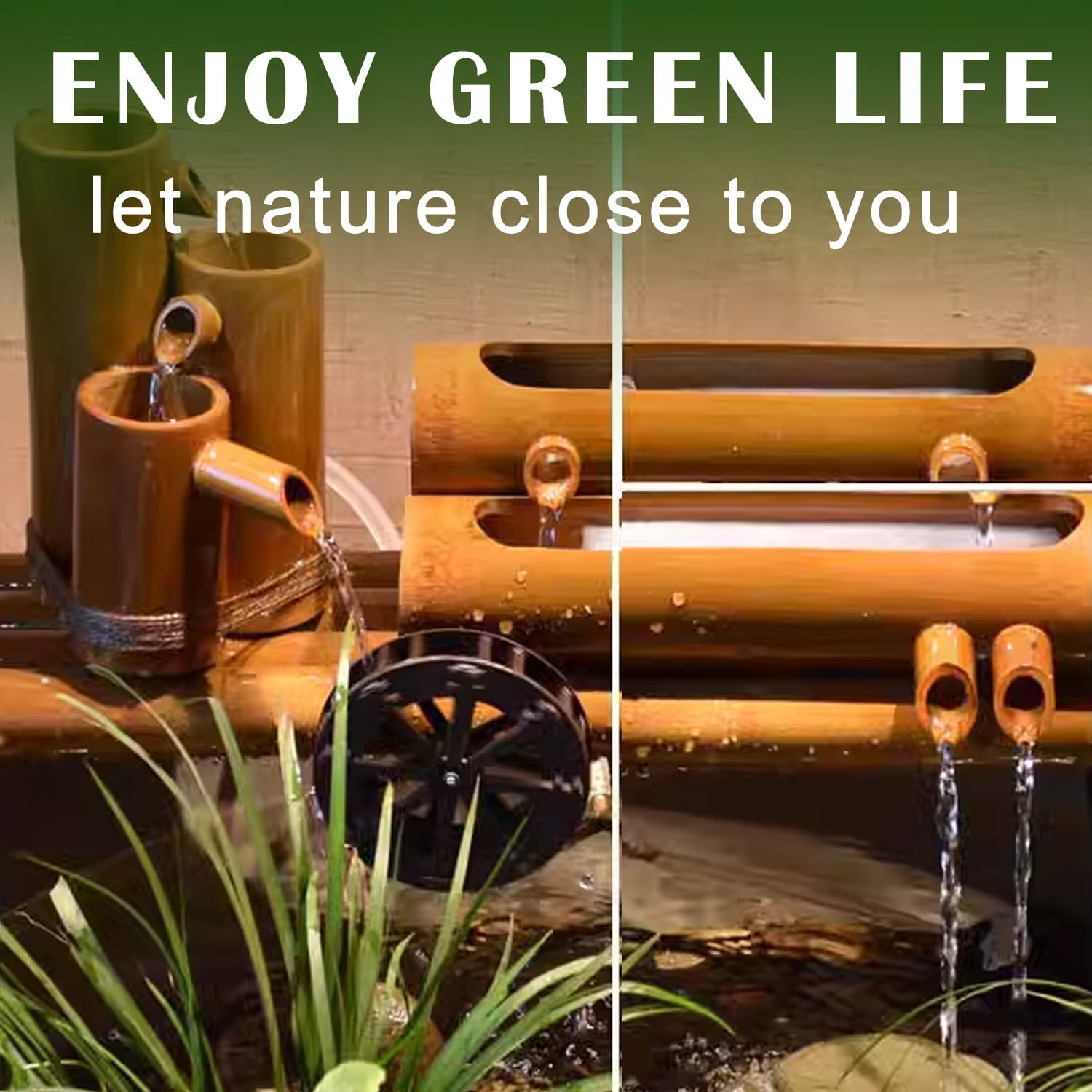 DIYソーラー噴水、ポンプとライト付き、ソーラーパワーウォーターファウンテン屋外、風水ガーデンデコレーション竹製噴水、バードバス、ガ