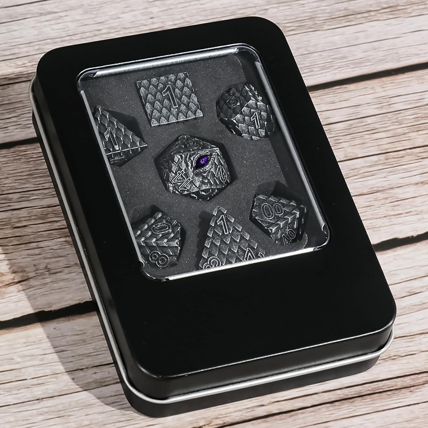 Metal Dice Set D&D,7 PCS Dragon Scale Metallic DND Dice Set,Dragon Eye Metal Dice with Grogeous Gift Case for Dungeons and Dragon Tabletop Game (Old Grey Dragon Scale & Purple Eye)