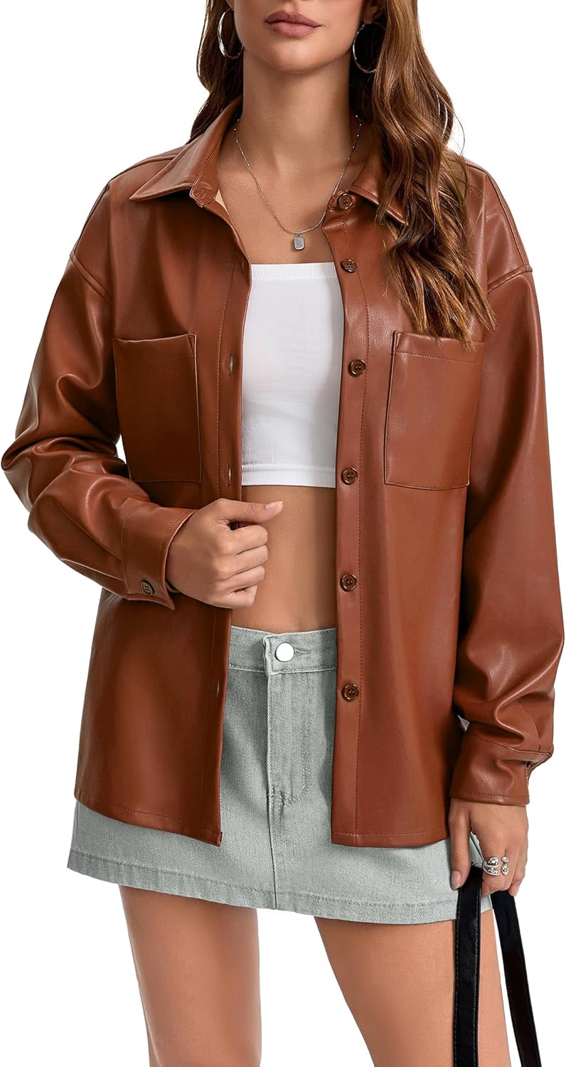 Women's Faux Leather Button-Down Shirt Jacket Lightweight Long Sleeve PU Blouse Shacket Tops