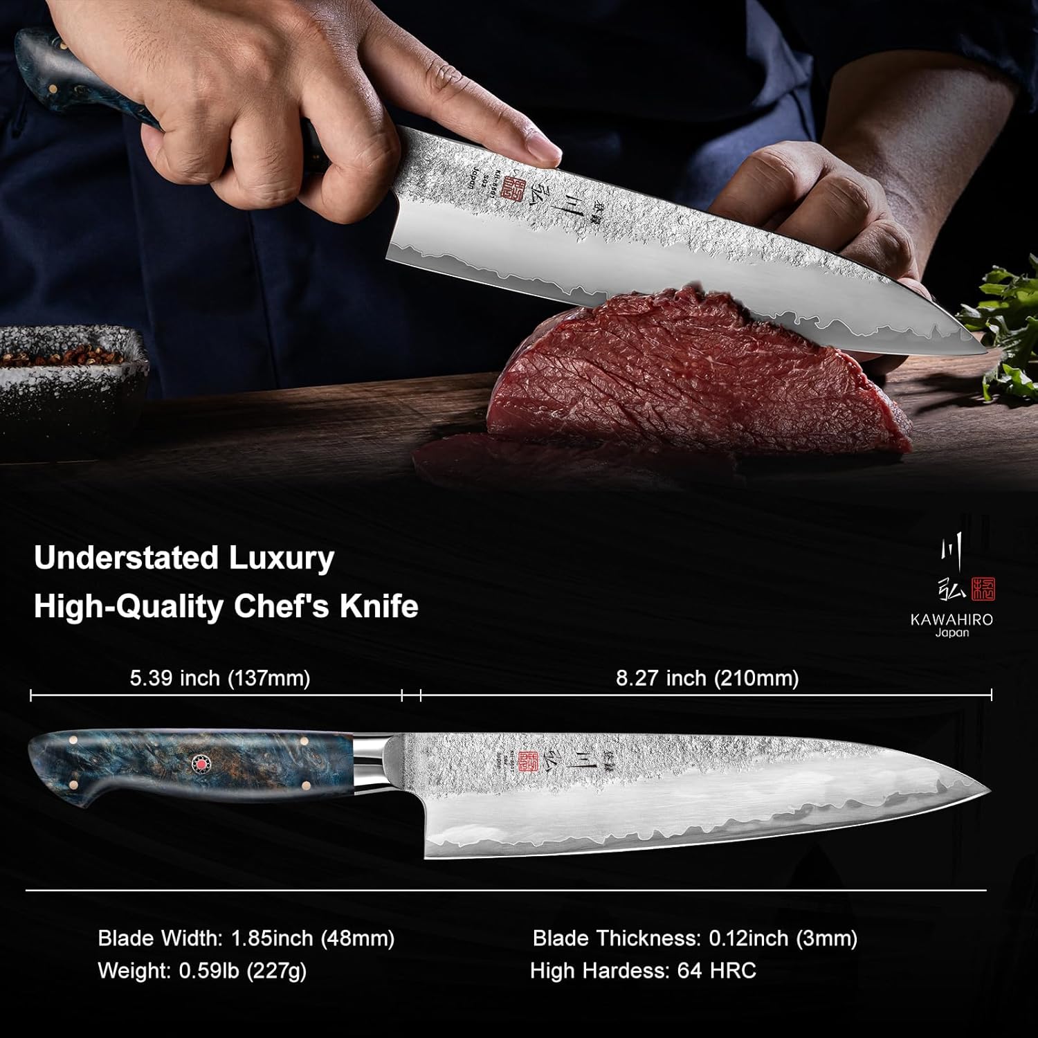 KAWAHIRO Japanese Chef Knife with SG2 Powder Steel, 8.27 inch Professional Gyuto Knife, Hand Forged Kitchen Knife with Premium Stabilized Wood Handle and Wood Gift Box