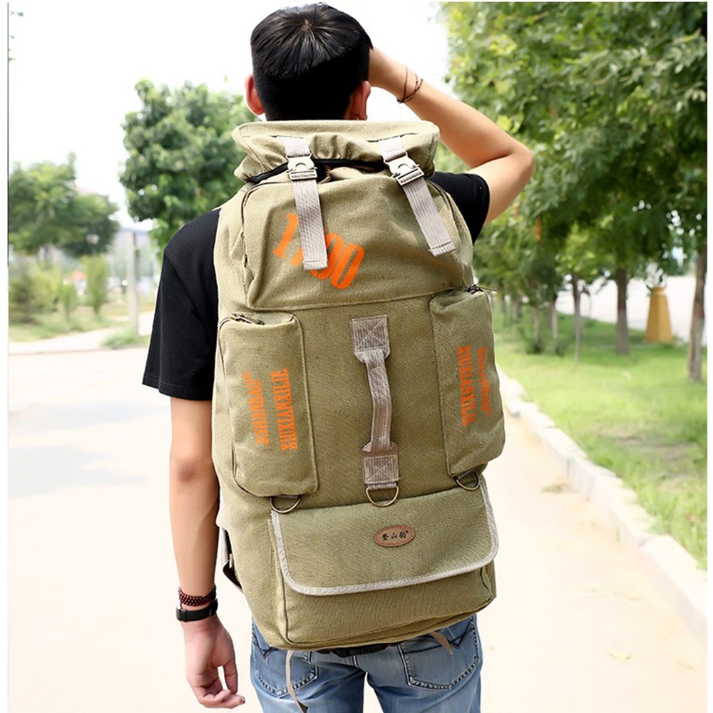 OUTDOOR COCO Canvas Hiking Backpack, Casual Rucksack Sport Travel Trekking  Running Mens 85L (Color Khaki)