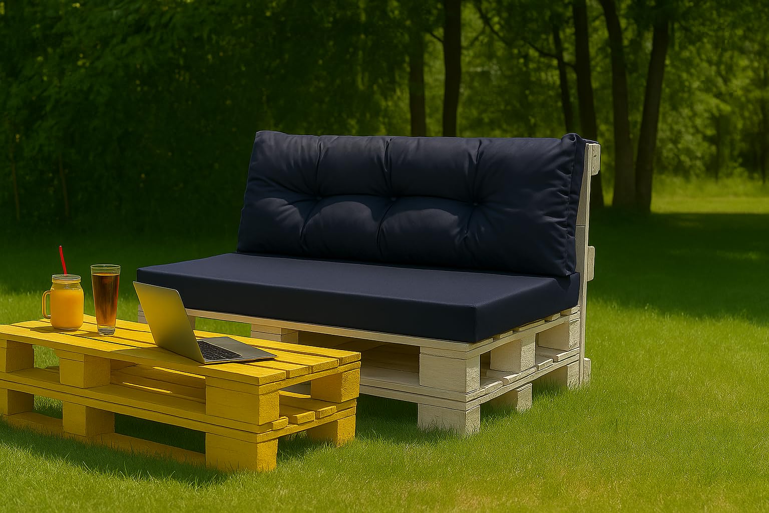 Cuscini per pallet da esterno - Cuscini per pallet impermeabili - Set di cuscini per pallet (Set cuscino seduta 120x60 + cuscino schienale 120x40, Marina)