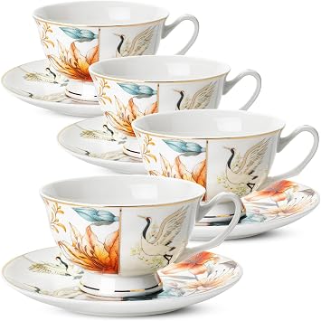 BTaT- Floral Tea Cups and Saucers Set of 4 8 oz, Porcelain Tea Cup Sets with Gold Trim, Dishwasher & Freezer Safe