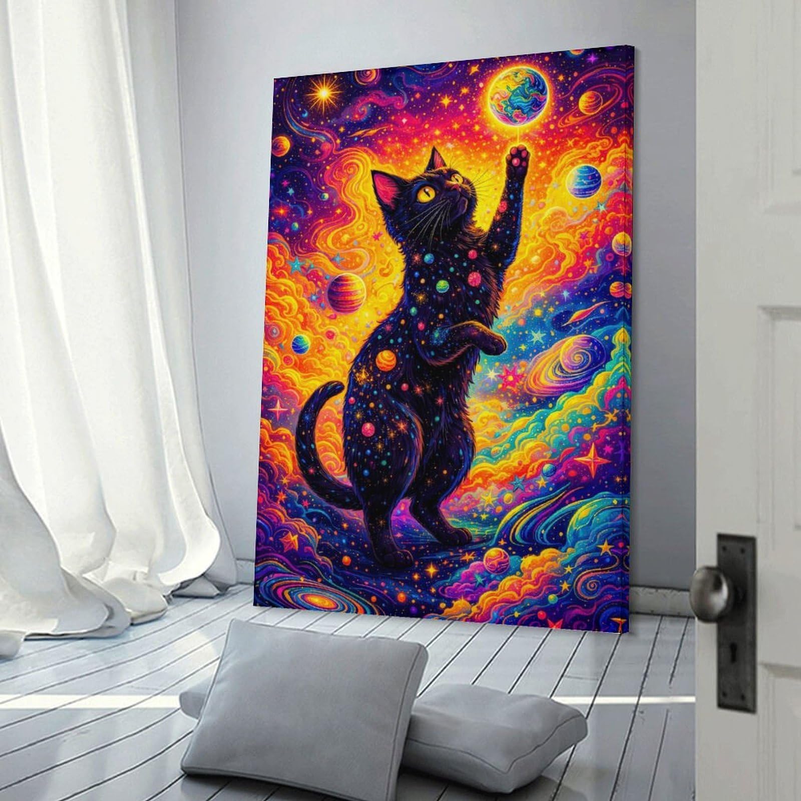 Junmoney Wall Picture Print Cosmic Cat Playing with Planet, 20x30inch(50x75cm), for Living Room, Lounge Or Sitting Room, Modern Wall Decor for Cosy Interiors