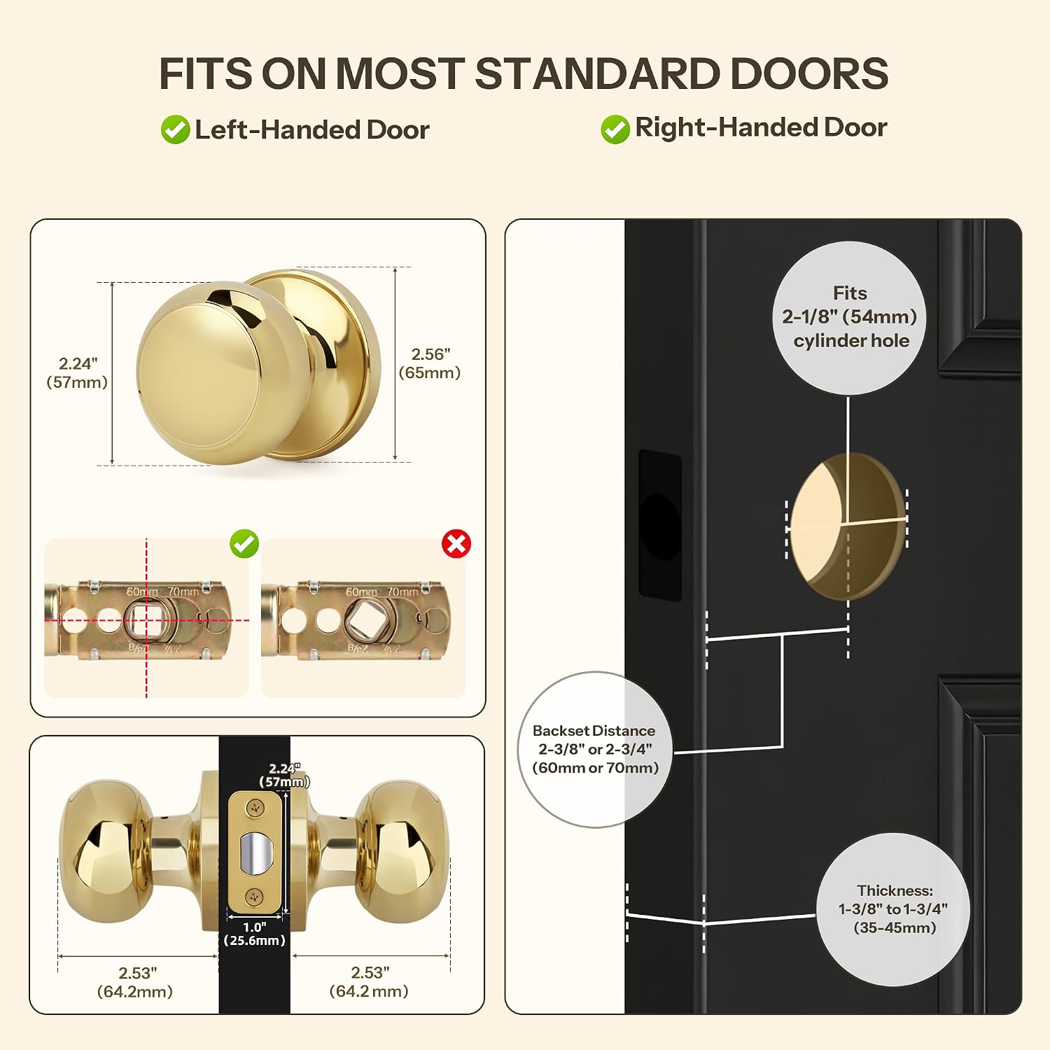 Flat Ball Door Knob Without Key and Lock, Non-Locking Passage Round Design Doorknob for Hallway/Closet, Polished Brass Finish
