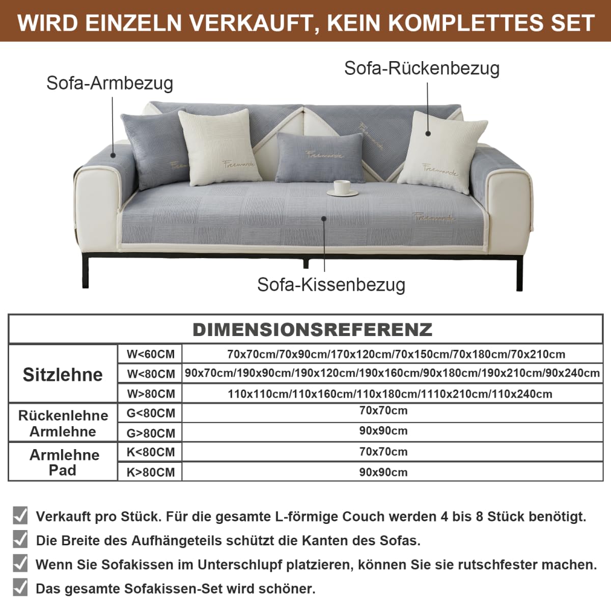 Universelle Sofa Überzug, Sofadecken für Sitzfläche, Sofaschoner rutschfest, L/U Form Sofaüberwurf, Sofa Cover, Sofabezug Ecksofa,Grau,90x160cm