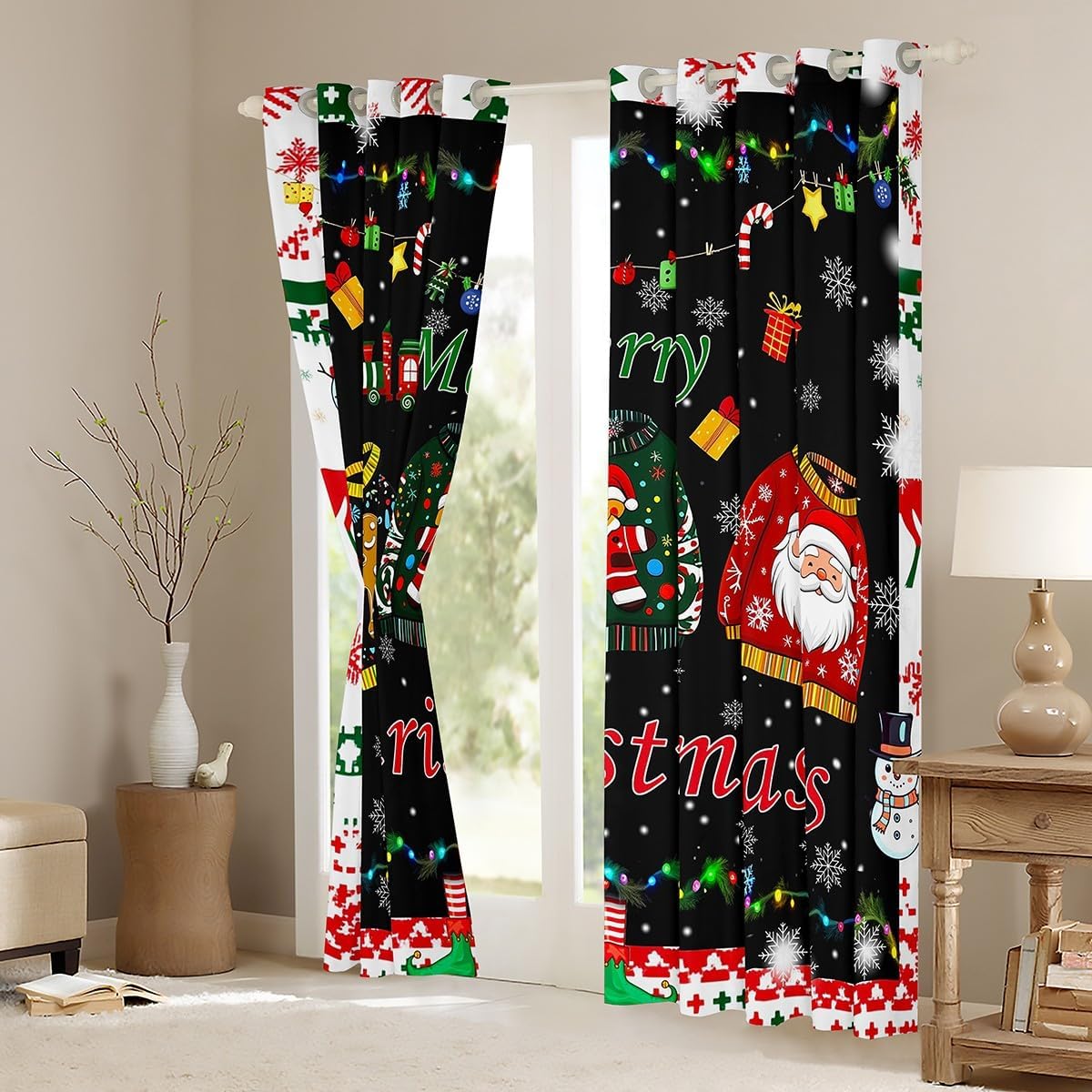 Manfei Kawaii Xmas Sweater Curtains Kids/Adults Watercolor Christmas Train Trees Curtain,Window Treatment Curtain for Boys Girls Room Decor,Colorful New Year Decor Window Drapes,Top 2 Panel,38Wx45L