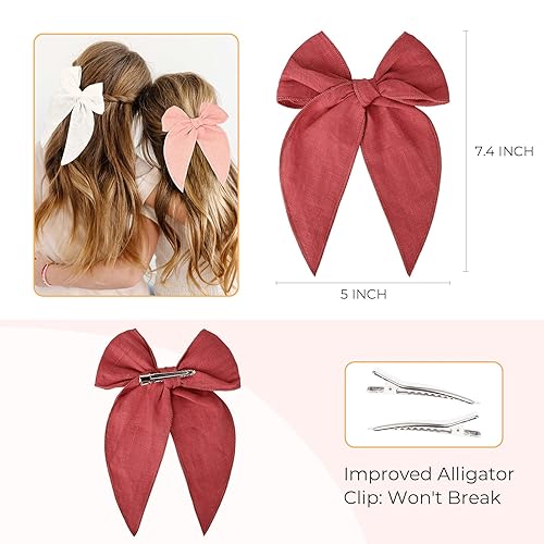 Miniatura 4 de DEEKA 6 lazos para el cabello de fábula de cola larga de algodón de lino grandes lazos para el cabello para niñas pequeñas hechos a mano rojo marrón