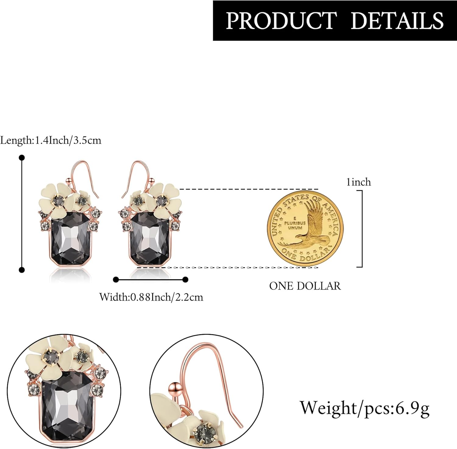 BriLove Fashion Elegant Rhinestone Enamel Rose Flower Emerald Cut Hook Dangle Earrigns for Women Party Prom Accessories - Image 4