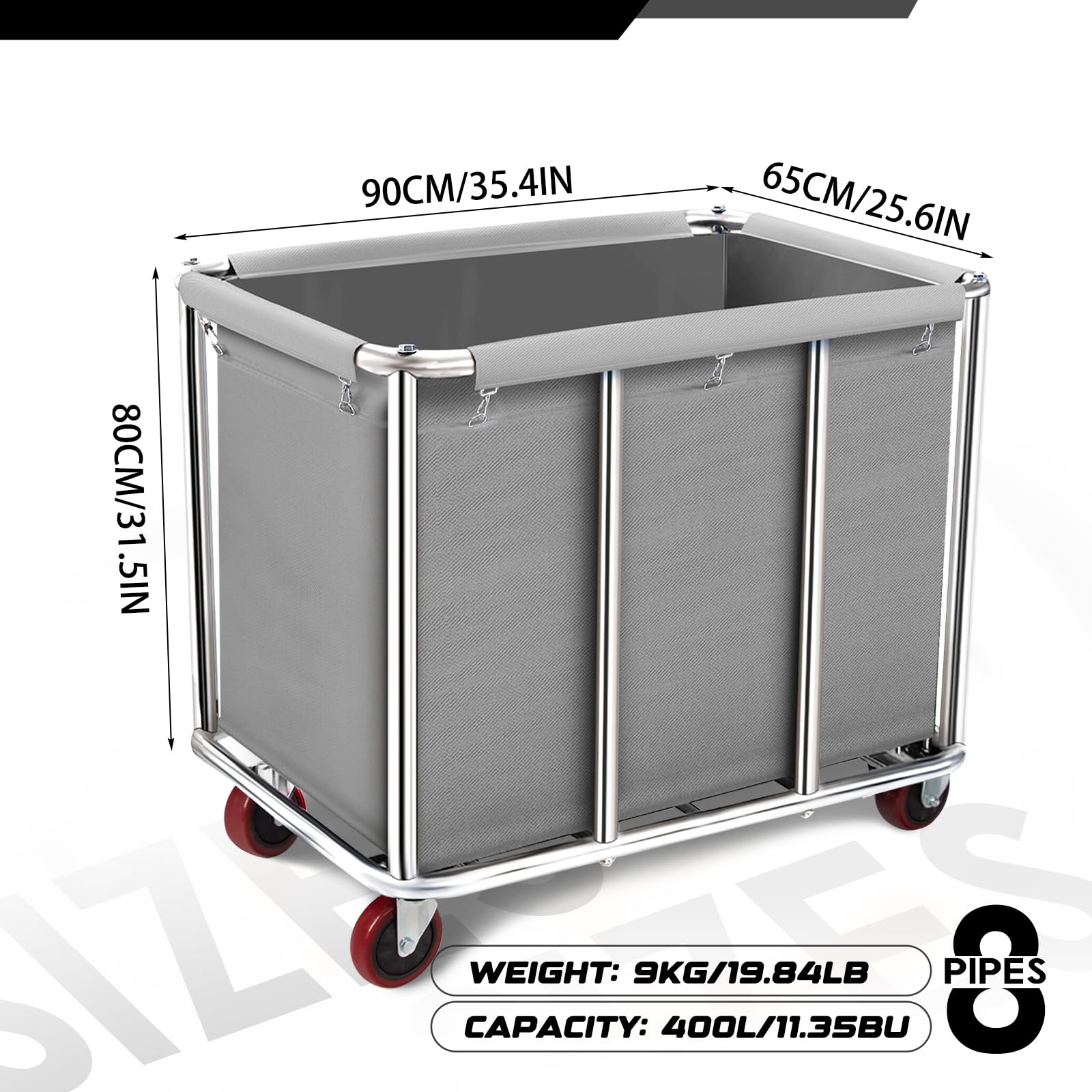 Carrello portabiancheria commerciale, grande 400 litri con tela impermeabile rimovibile, cesto portabiancheria in acciaio inossidabile resistente con ruote per hotel e ospedale, carico di 199,6 kg