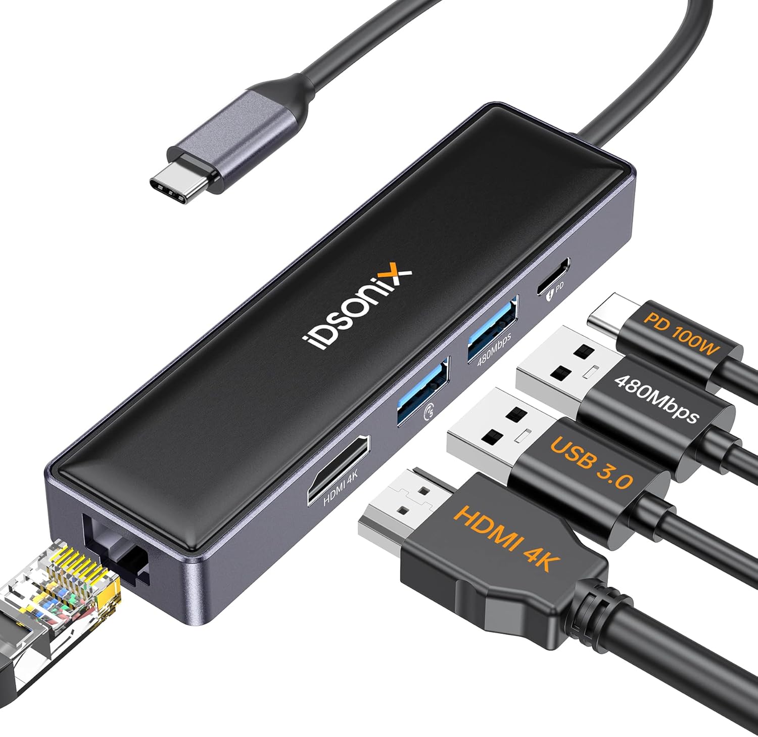 USB C Hub for Laptop, iDsonix 5 in 1 USB Hub with 4K HDMI, PD 100W, 2 USB 2.0, Gigabit Ethernet for MacBook Pro/Air, XPS, Type-C Devices and More
