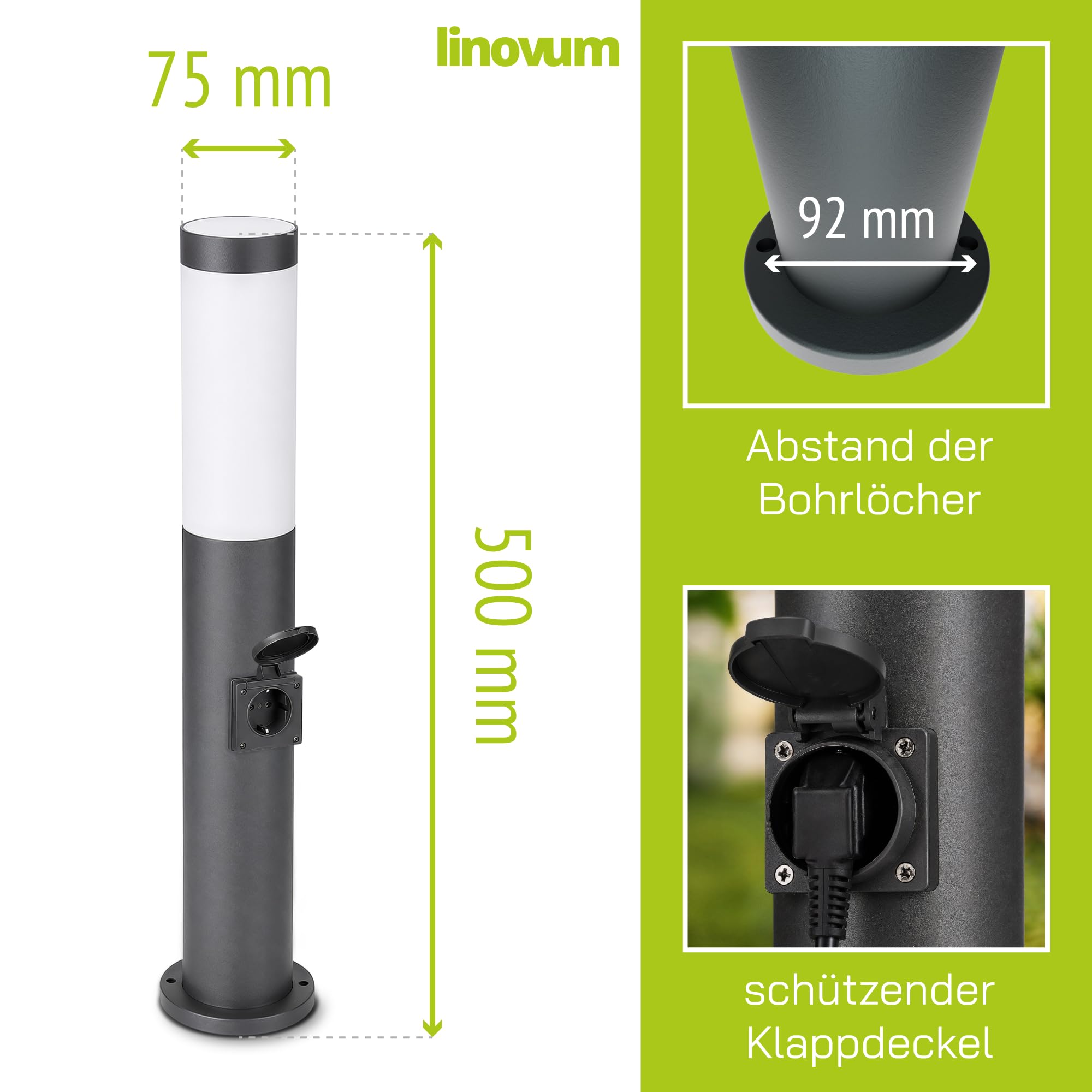 linovum BOSEA-S Pollerleuchte 2er Set anthrazit 50cm E27 mit Steckdose IP44