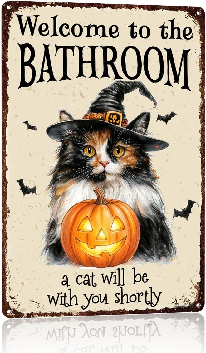 Funny Halloween Bathroom Decorations Pumpkin Wall Art Maine Coon Cat Gift 7